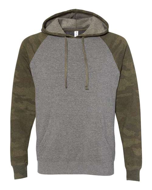 Independent Trading Co. 3304 S / Nickel Heather/ Forest Camo PRM33SBP-Unisex Special Blend Raglan Hooded Sweatshirt