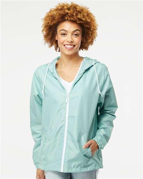 Independent Trading Co. 5996 S / Aqua/ White Zipper EXP54LWZ: Lightweight Windbreaker Full-Zip Jacket