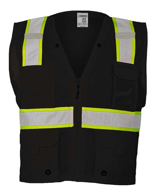 Kishigo B100-111-Unisex EV Series Enhanced Visibility Multi-Pocket Mesh Vest in Black/ Lime - B100