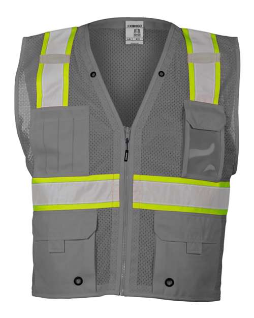 Kishigo B100-111-Unisex EV Series Enhanced Visibility Multi-Pocket Mesh Vest in Grey/ Lime - B111