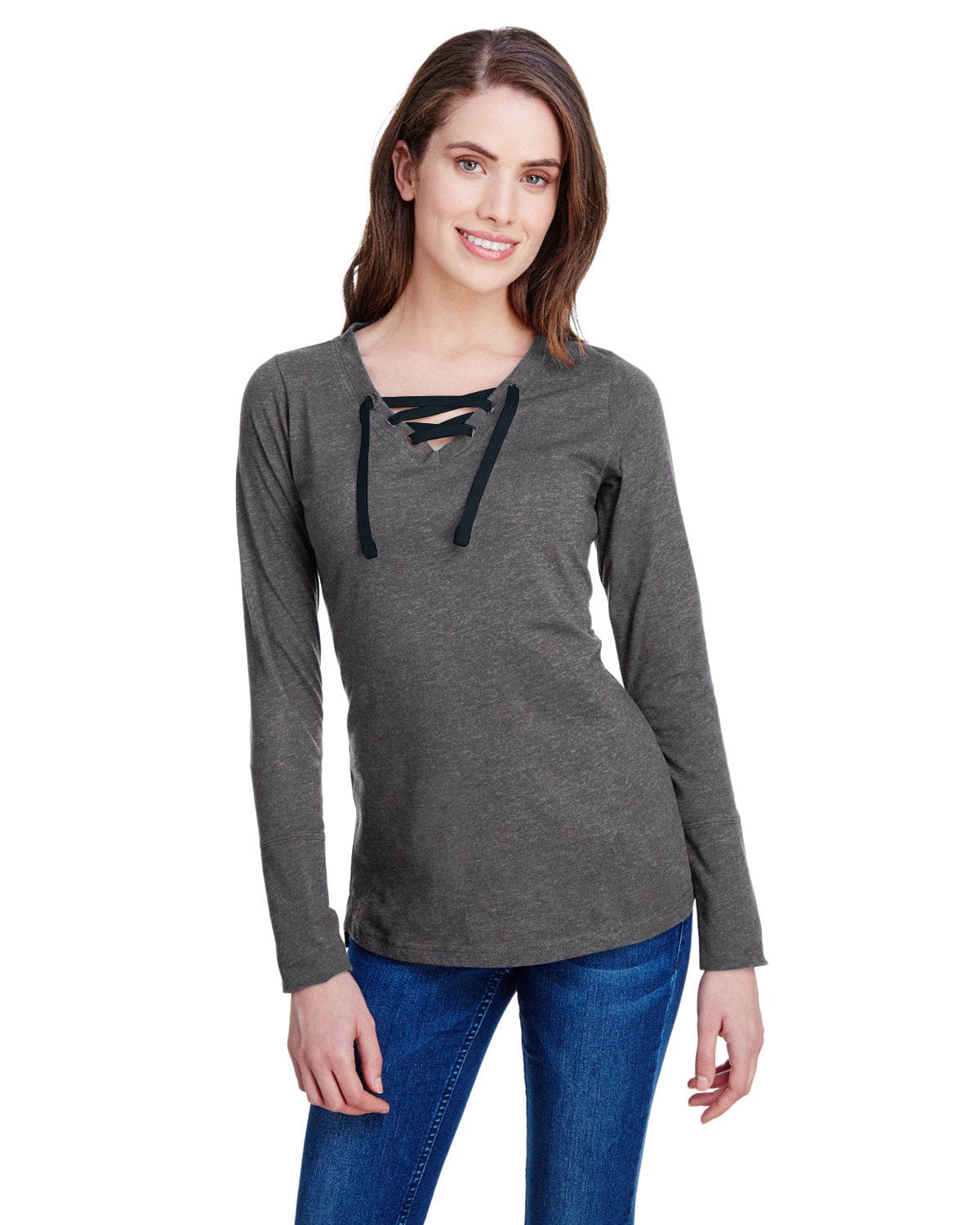 LAT T-Shirts S / Vint Smoke/ Blk LAT LA3538: Ladies' Long Sleeve Fine Jersey Lace-Up T-Shirt