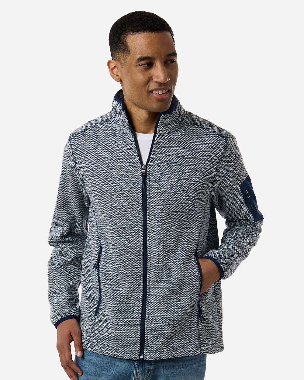 North End NE730 Men's Jasper Full-Zip Fleece Jacket in Classic Navy/ White