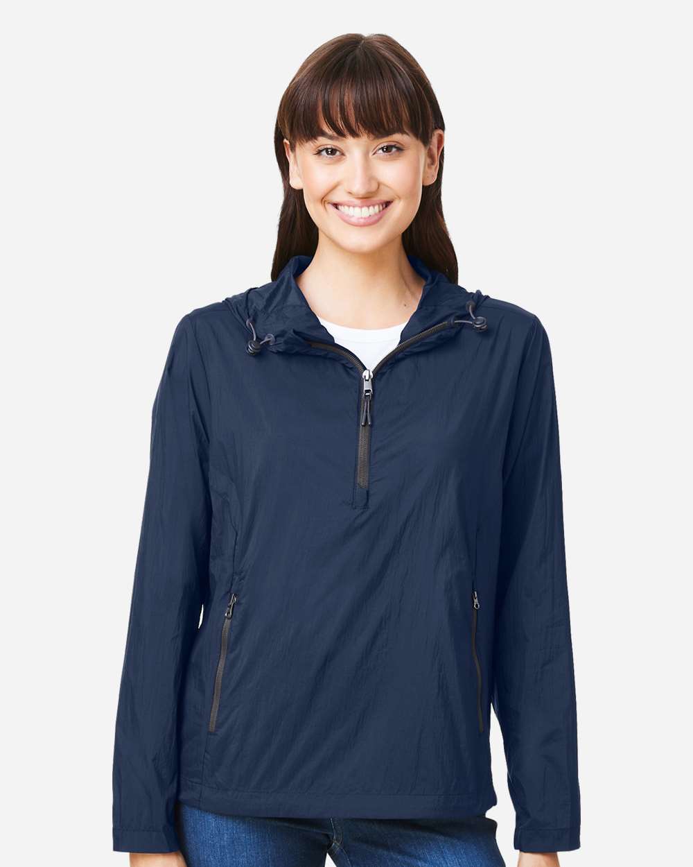 North End NE810W Women's Aura Lightweight Packable Anorak in Classic Navy/ Carbon