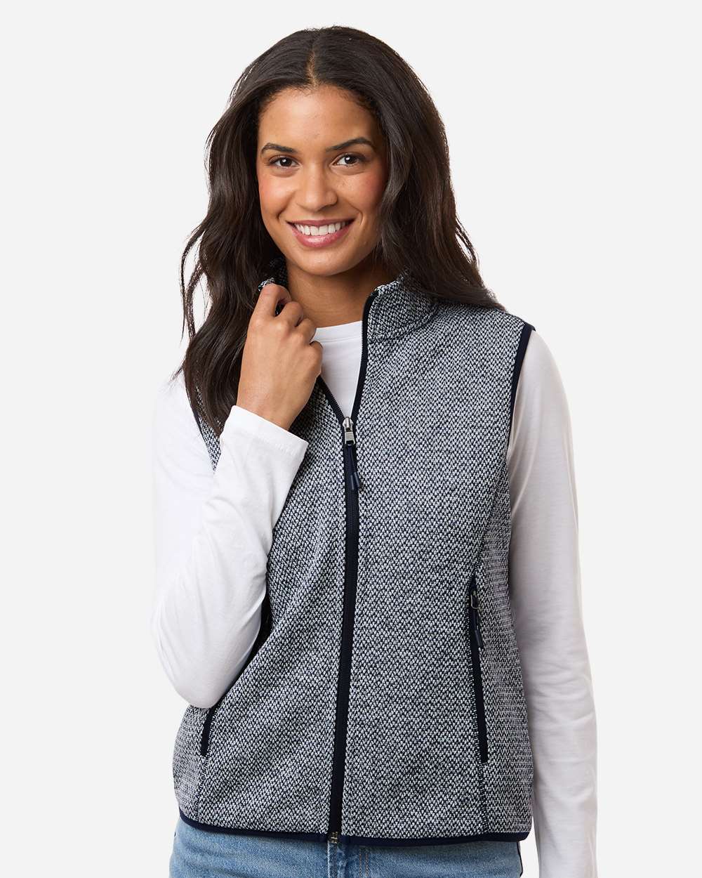 North End NE731W Women's Jasper Jacquard Fleece Vest in Classic Navy/ White