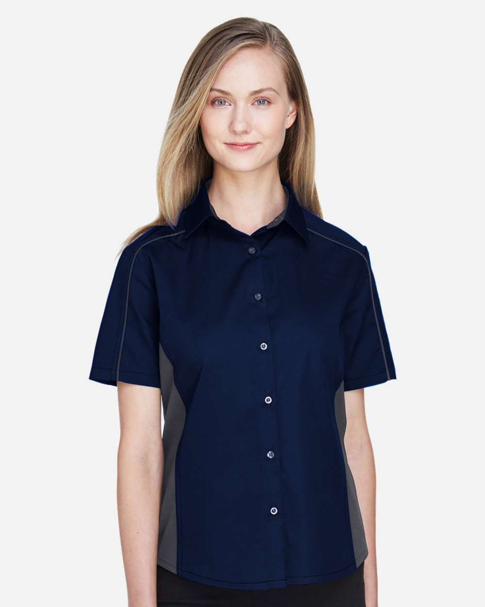 North End 77042 Women's Fuse Colorbloack Twill Short Sleeve Shirt in Classic Navy/ Carbon