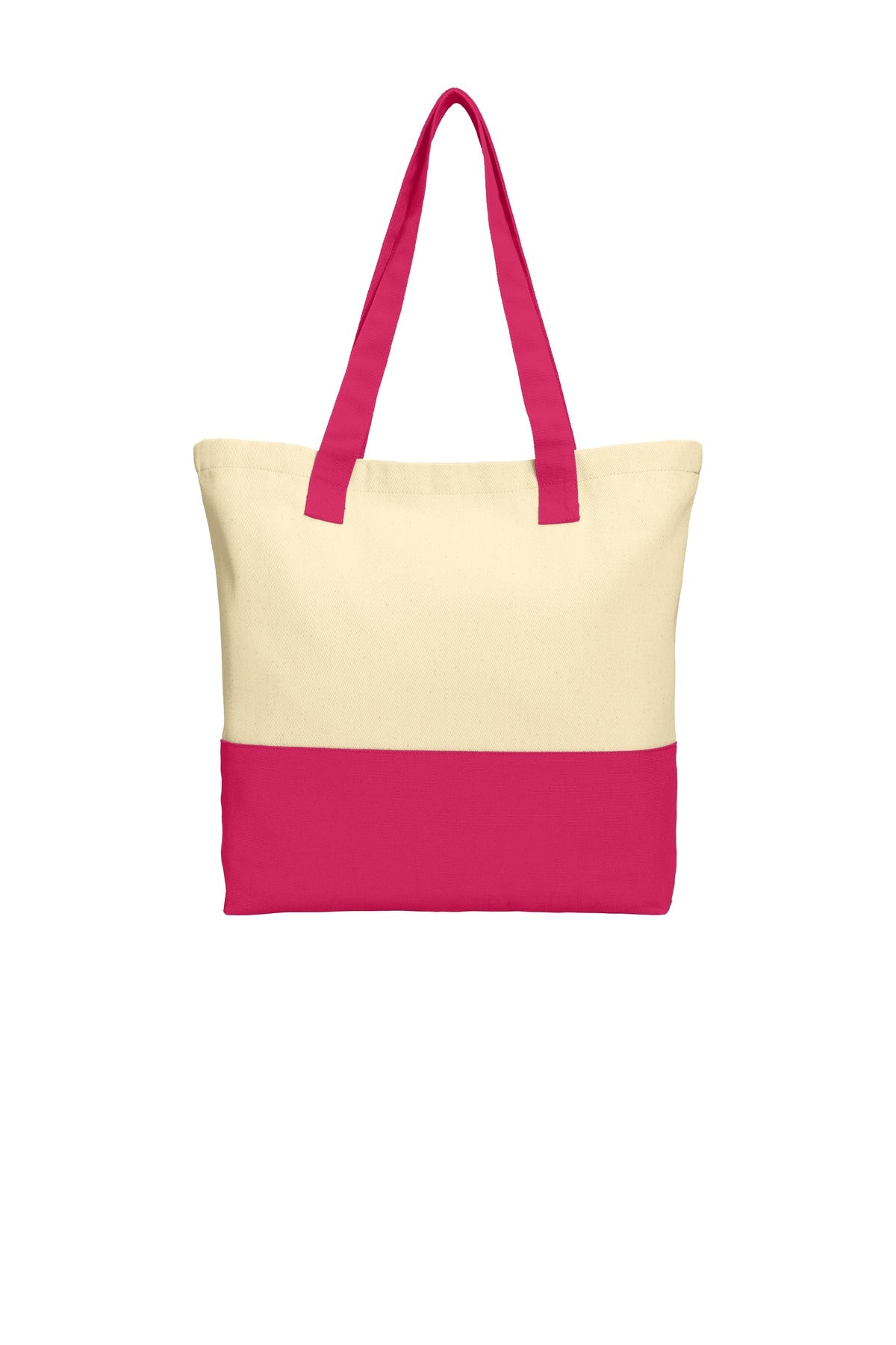 Port Authority Colorblock Cotton Tote. BG414 in Natural/ Pink Azalea