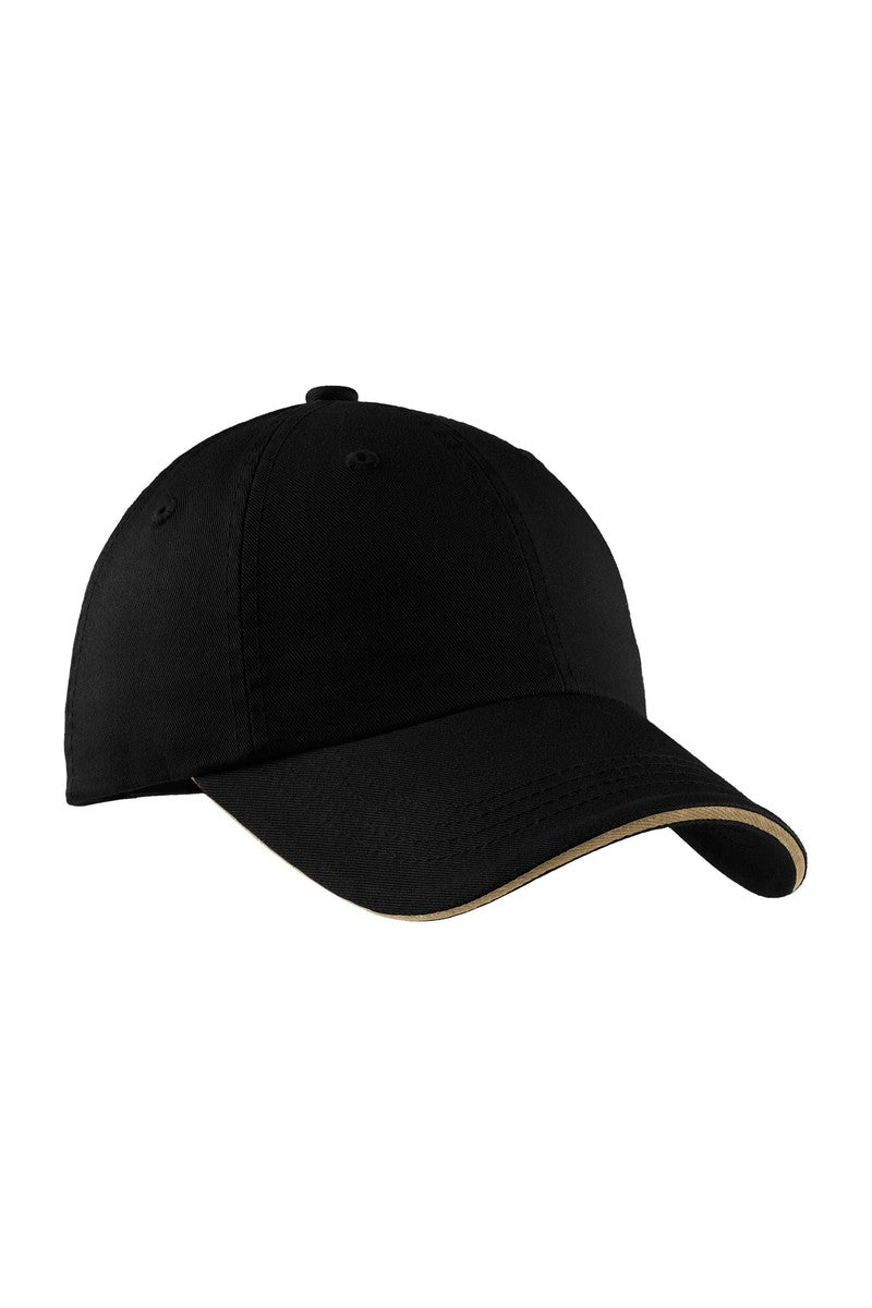 Port Authority Headwear OSFA / Black/ Khaki Port Authority® Sandwich Bill Cap with Striped Closure.  C830
