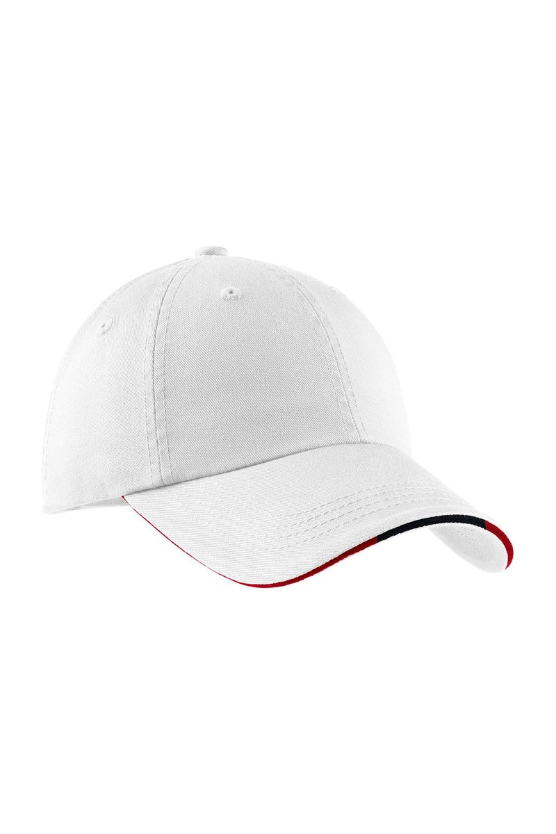 Port Authority Headwear OSFA / White/ Classic Navy/ Red Port Authority® Sandwich Bill Cap with Striped Closure.  C830