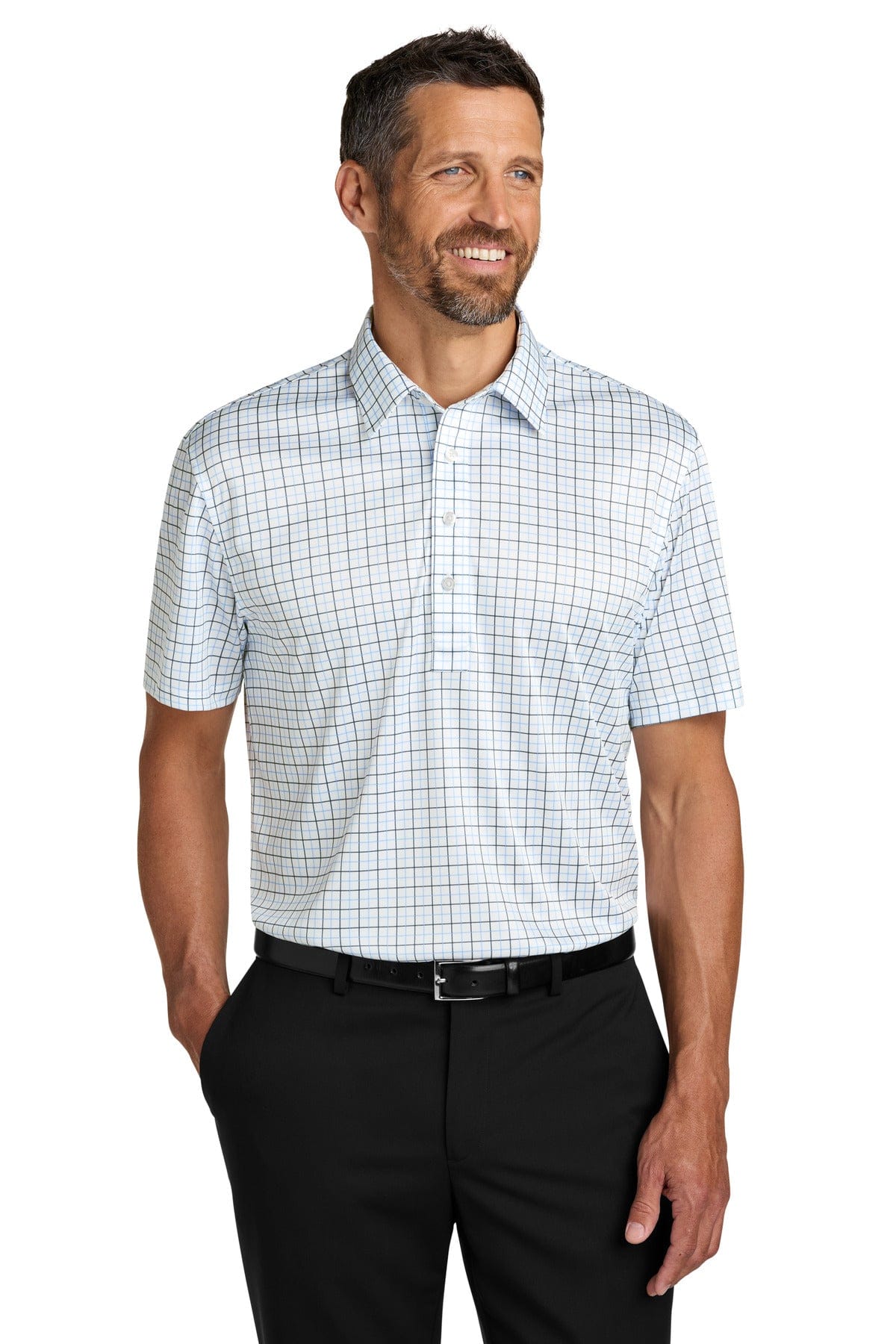 Port Authority Shirt Collar Polo K700 in Black/ Carolina Blue Check