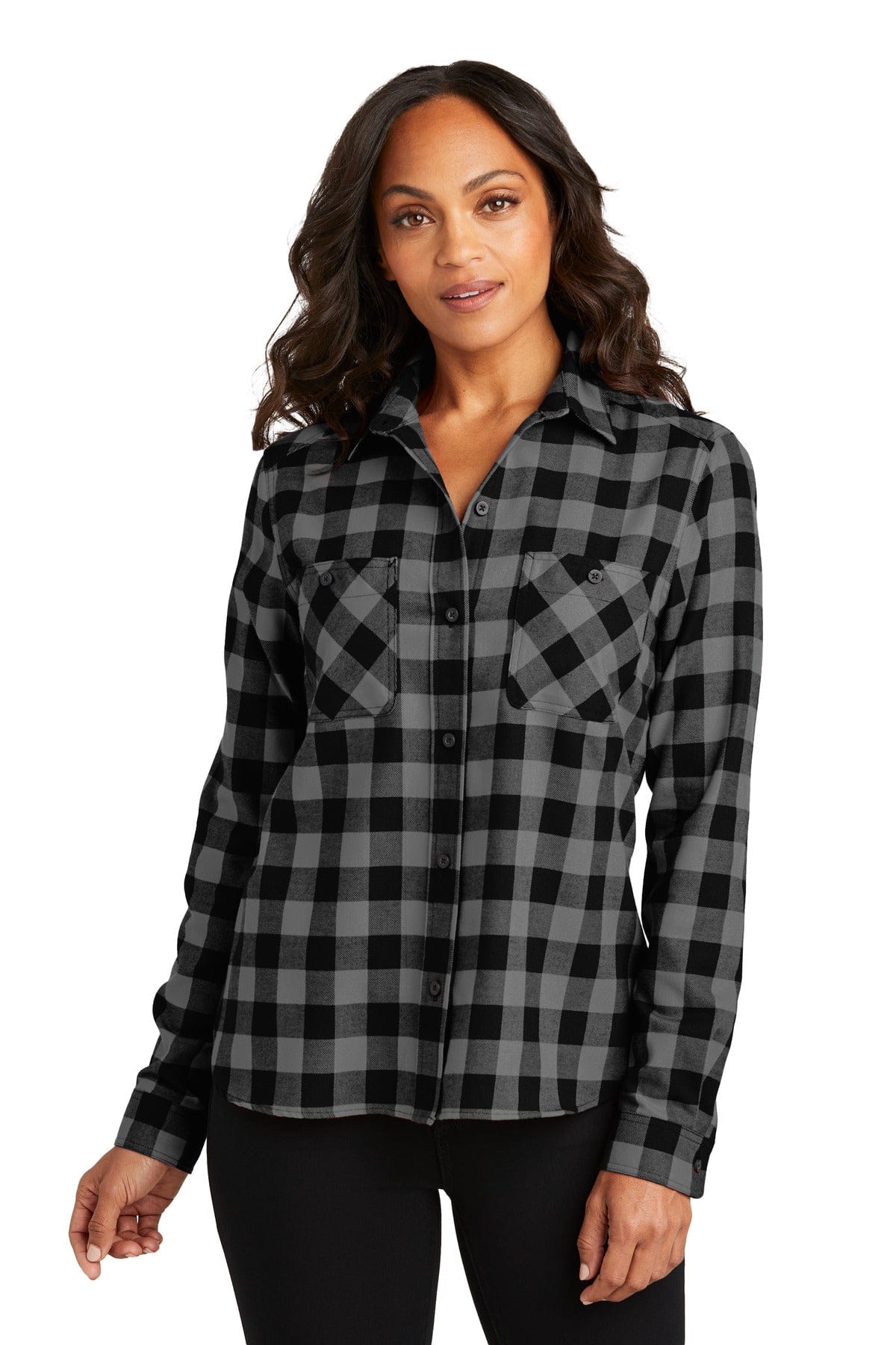 Port Authority Ladies XS / Grey/ Black Buffalo Check Port Authority LW669: Ladies Plaid Flannel Shirt