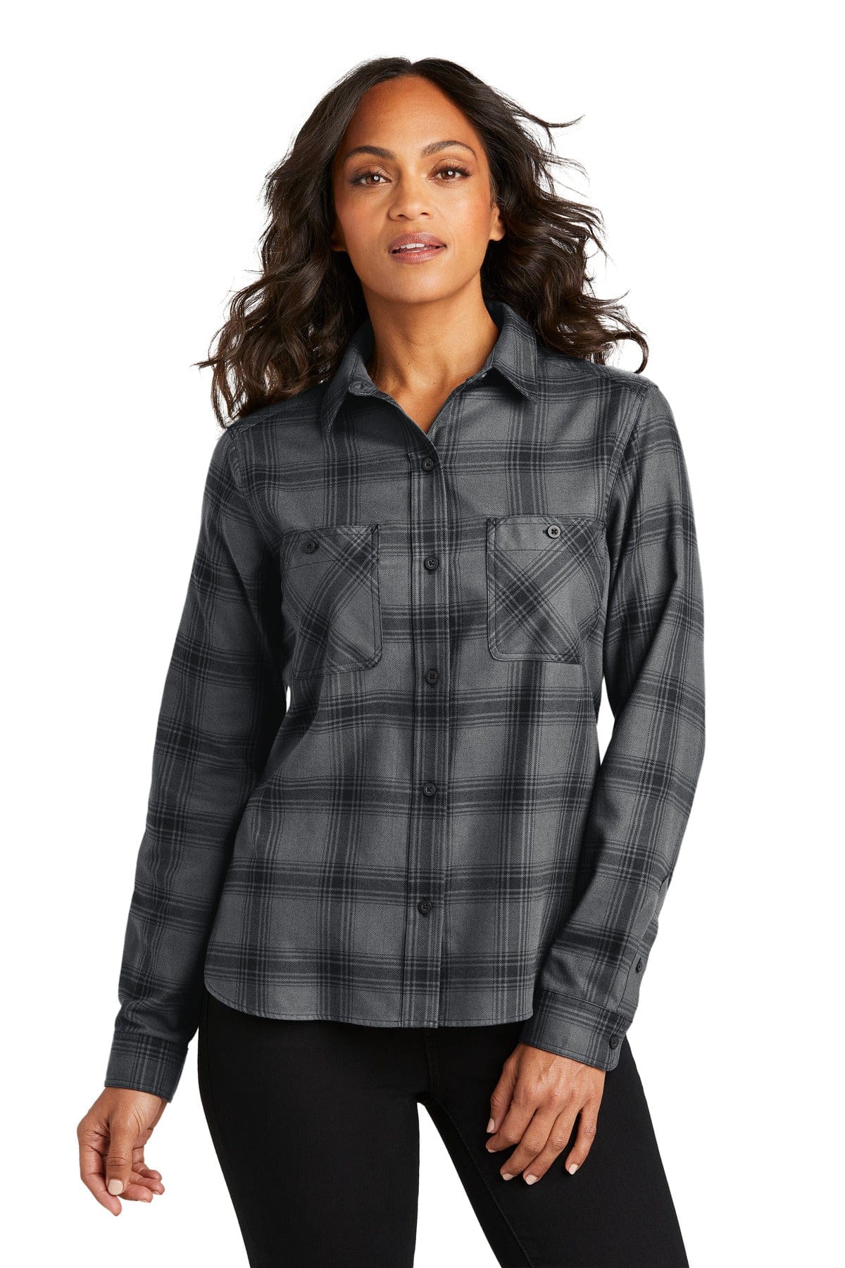 Port Authority Ladies XS / Grey/ Black Open Plaid Port Authority LW669: Ladies Plaid Flannel Shirt