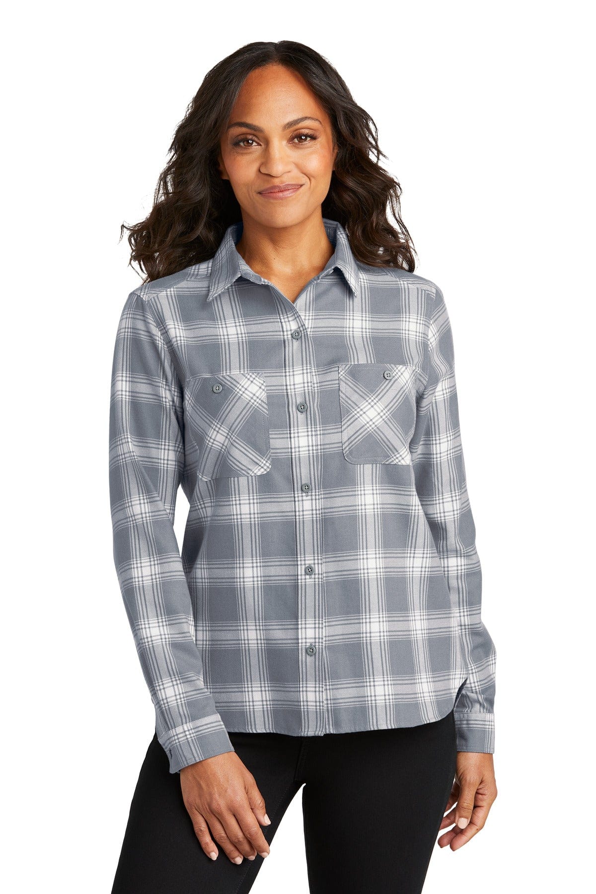 Port Authority Ladies XS / Grey/ Cream Open Plaid Port Authority LW669: Ladies Plaid Flannel Shirt