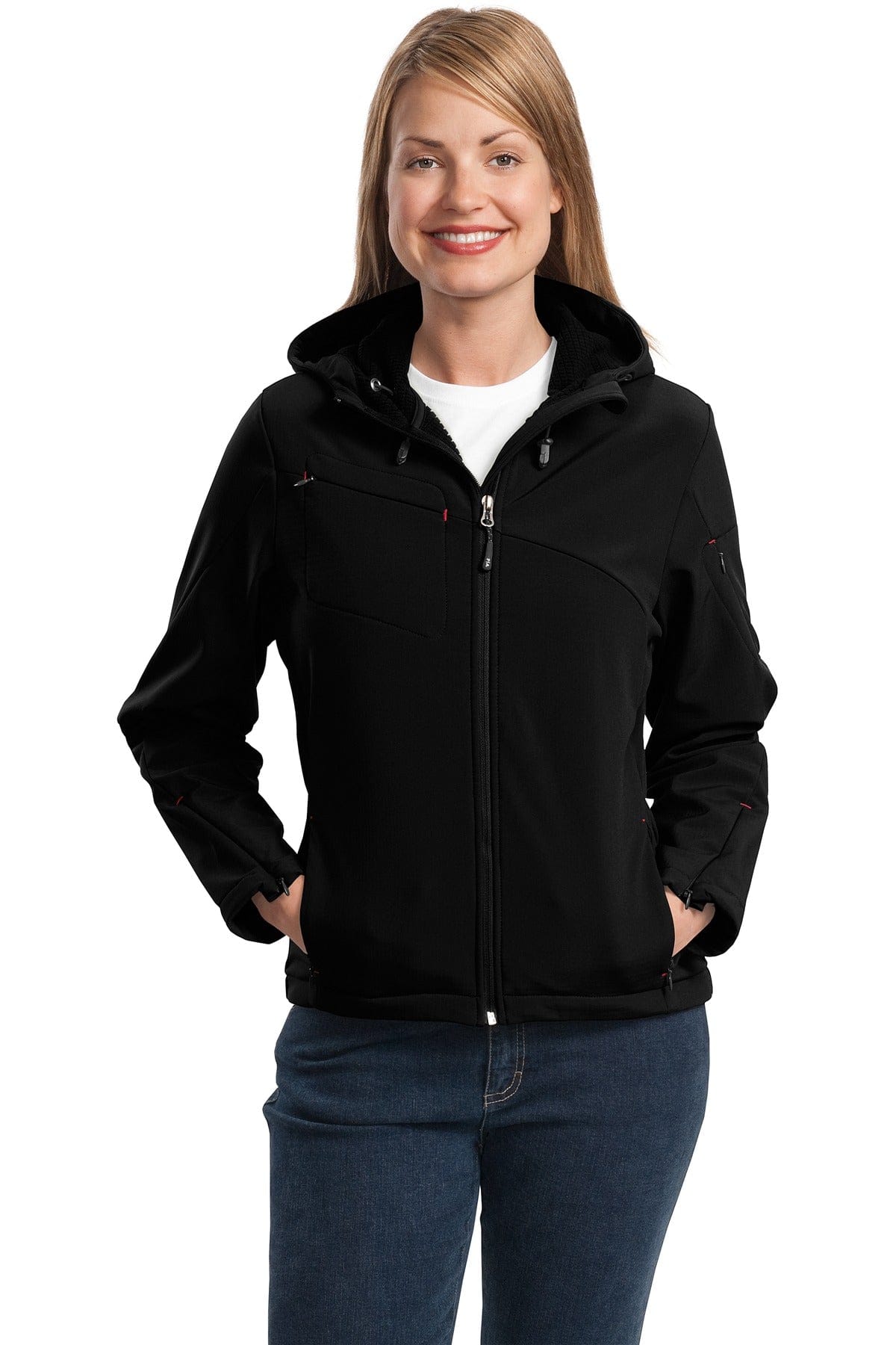 Port Authority Outerwear XS / Black/ Engine Red Port Authority ®  Ladies Textured Hooded Soft Shell Jacket. L706