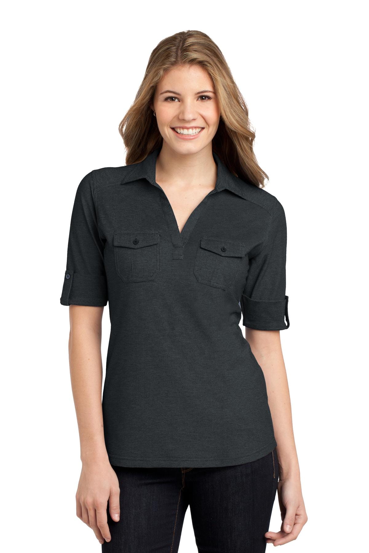 Port Authority Polos/Knits XL / Black/ Monument Grey DISCONTINUED  Port Authority ®  Ladies Oxford Pique Double Pocket Polo. L557