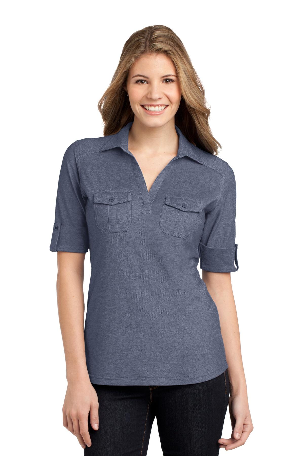 Port Authority Polos/Knits XS / Dress Blue Navy/ White DISCONTINUED  Port Authority ®  Ladies Oxford Pique Double Pocket Polo. L557