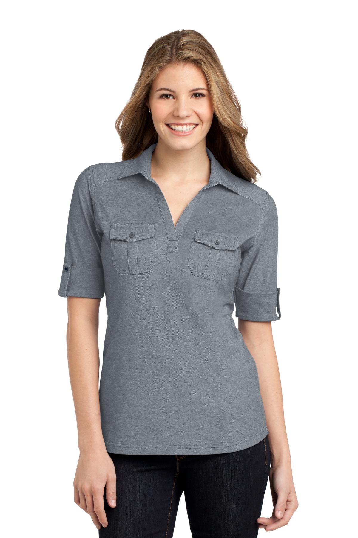 Port Authority Polos/Knits XXL / Monument Grey/ White DISCONTINUED  Port Authority ®  Ladies Oxford Pique Double Pocket Polo. L557