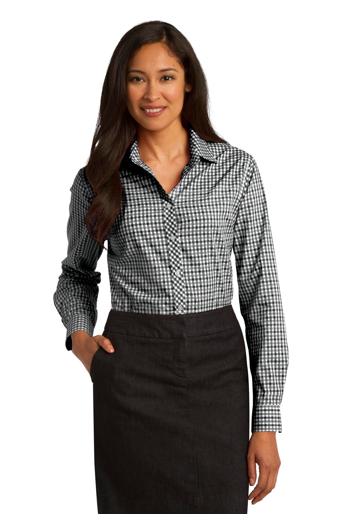 Port Authority Woven Shirts XS / Black/ Charcoal Port Authority ®  Ladies Long Sleeve Gingham Easy Care Shirt. L654