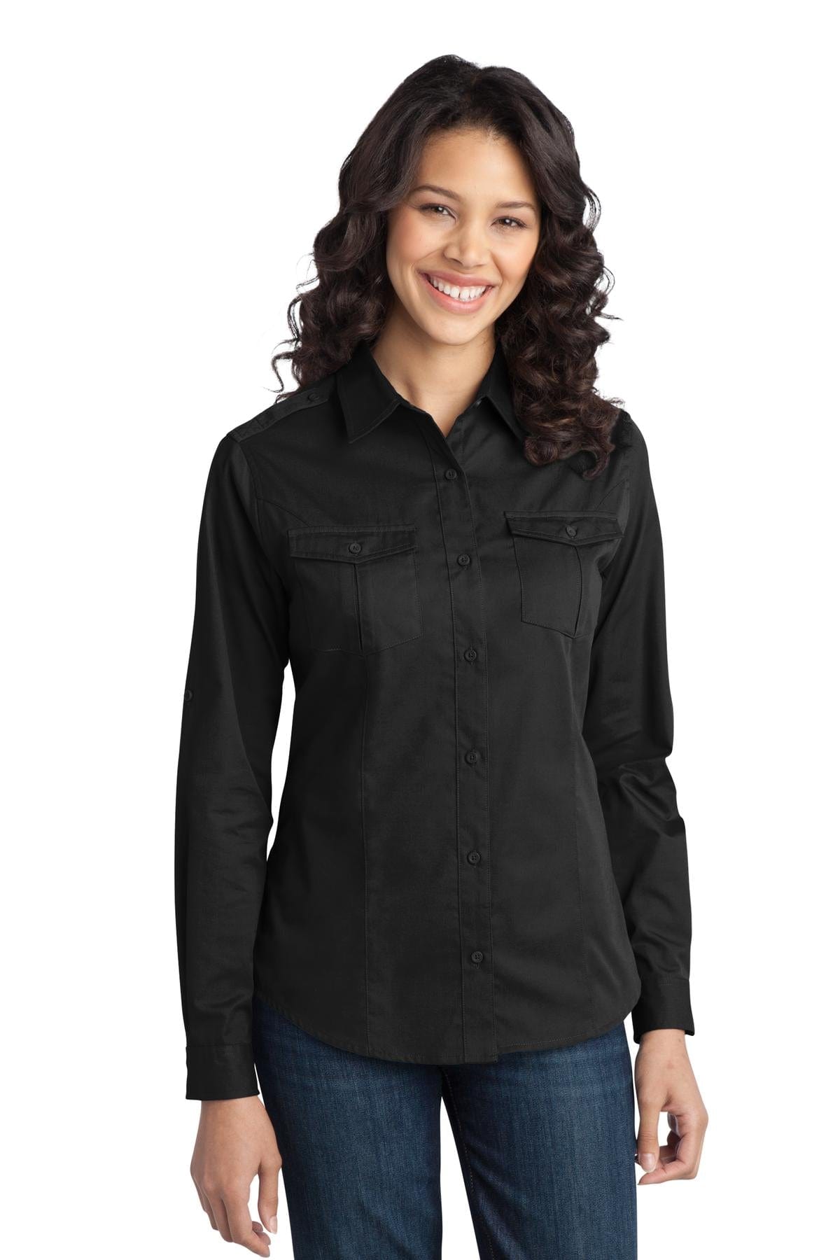 Port Authority Woven Shirts 3XL / Black DISCONTINUED  Port Authority ®  Ladies Stain-Release Roll Sleeve Twill Shirt. L649