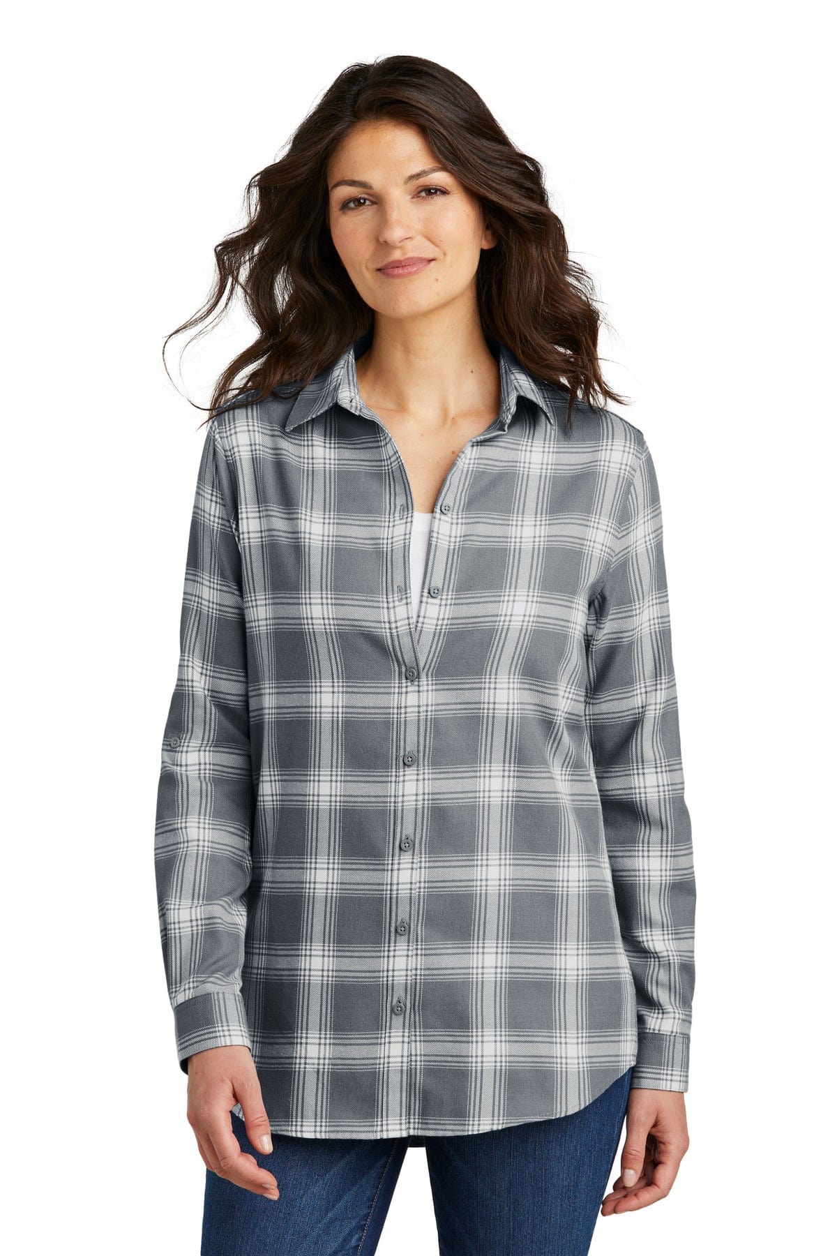 Port Authority Woven Shirts XS / Grey/ Cream Open Plaid Port Authority ®  Ladies Plaid Flannel Tunic . LW668
