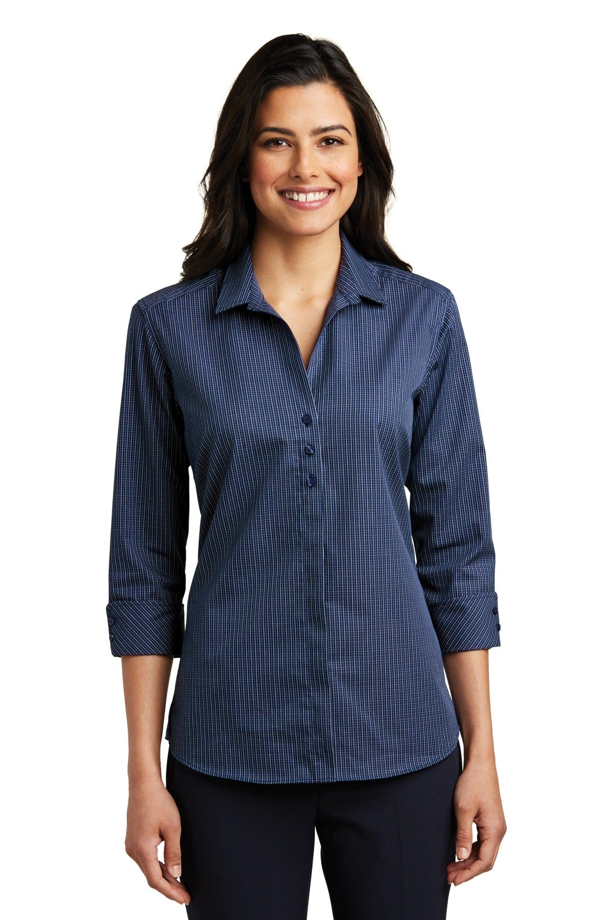Port Authority Woven Shirts XXL / Navy/ Heritage Blue DISCONTINUED  Port Authority ®  Ladies 3/4-Sleeve Micro Tattersall Easy Care Shirt. LW643