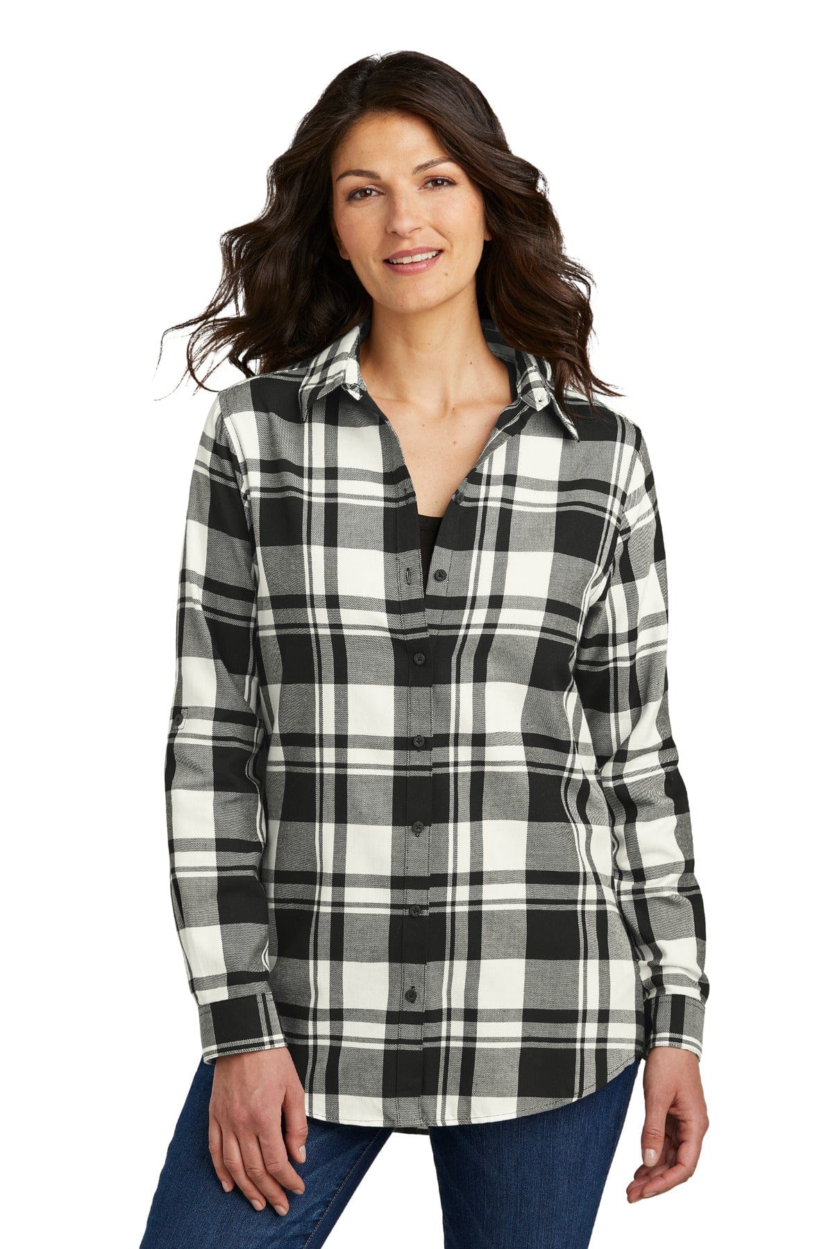 Port Authority Woven Shirts XS / Snow White/ Black Port Authority ®  Ladies Plaid Flannel Tunic . LW668