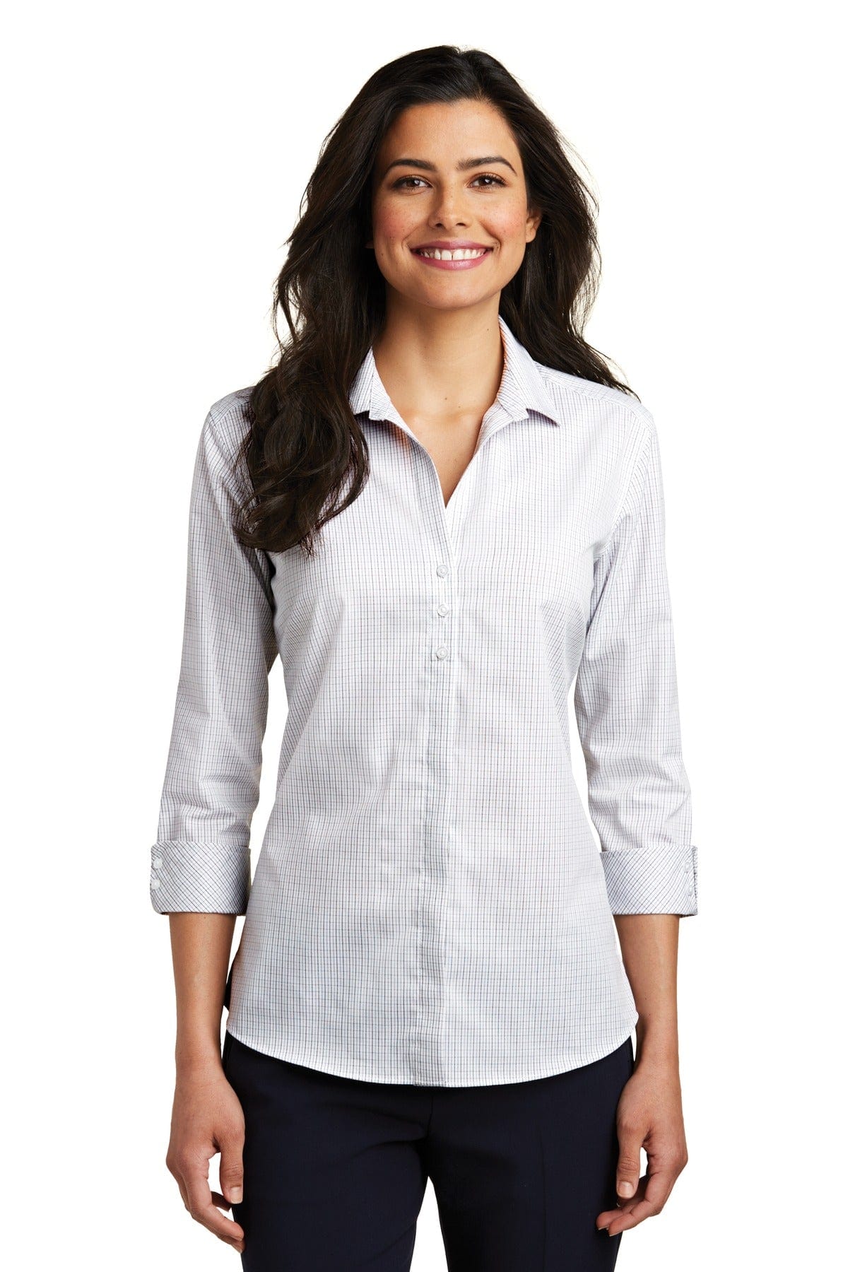 Port Authority Woven Shirts XXL / White/ Dark Grey DISCONTINUED  Port Authority ®  Ladies 3/4-Sleeve Micro Tattersall Easy Care Shirt. LW643