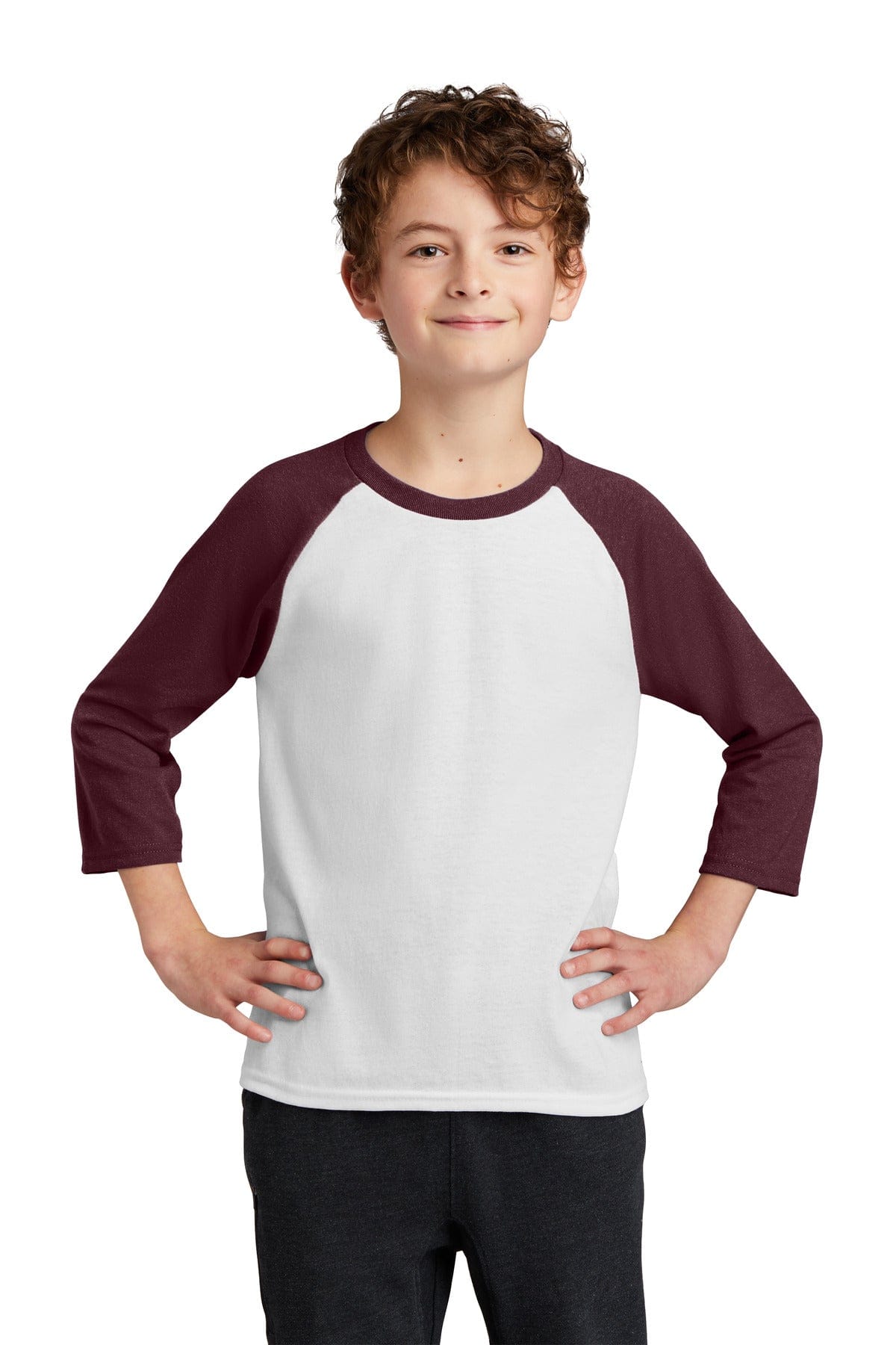 Port & Company T-Shirts XS / White/ Athletic Maroon Port & Company PC55YRS Youth Core Blend 3/4-Sleeve Raglan Tee.