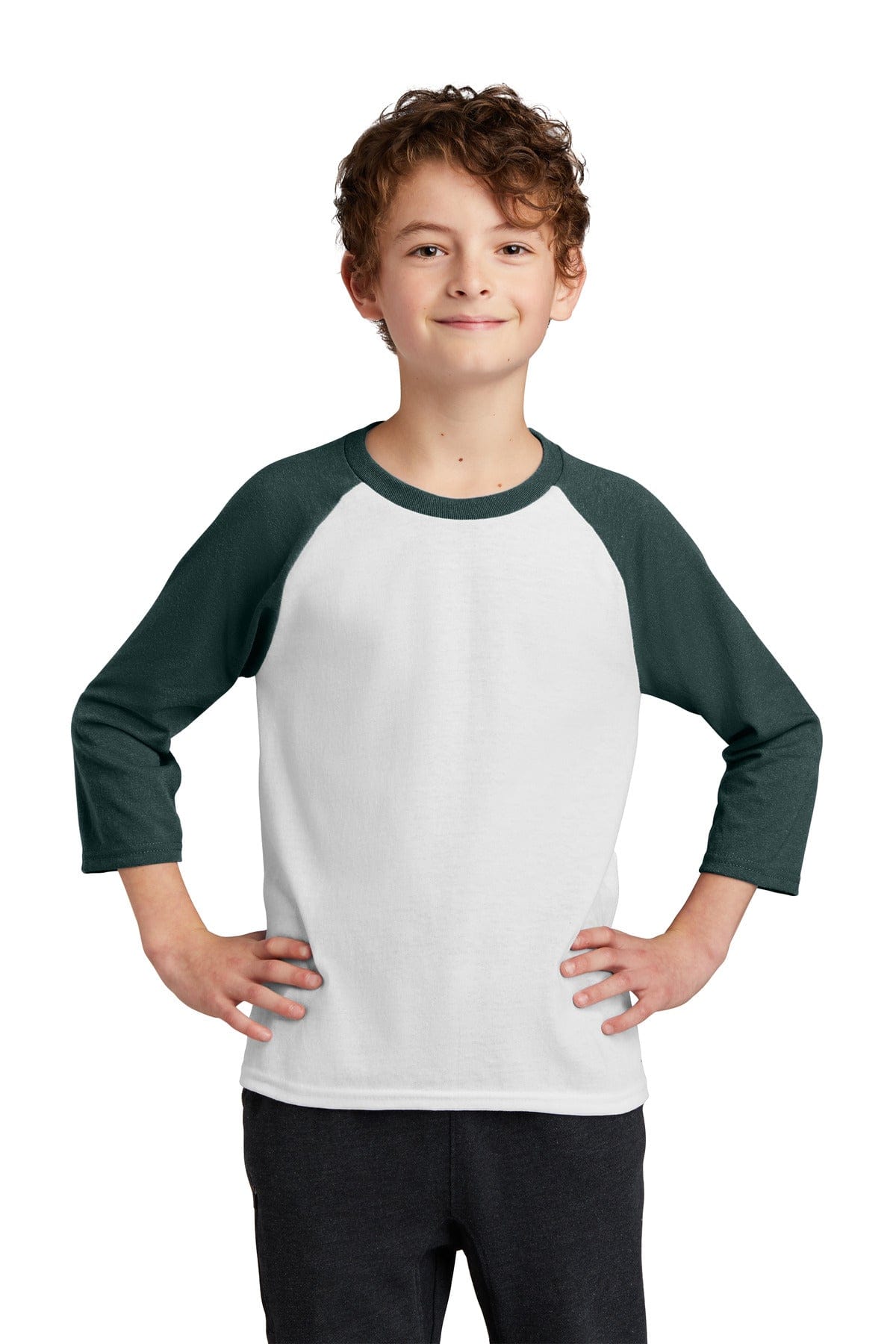 Port & Company T-Shirts XS / White/ Dark Green Port & Company PC55YRS Youth Core Blend 3/4-Sleeve Raglan Tee.