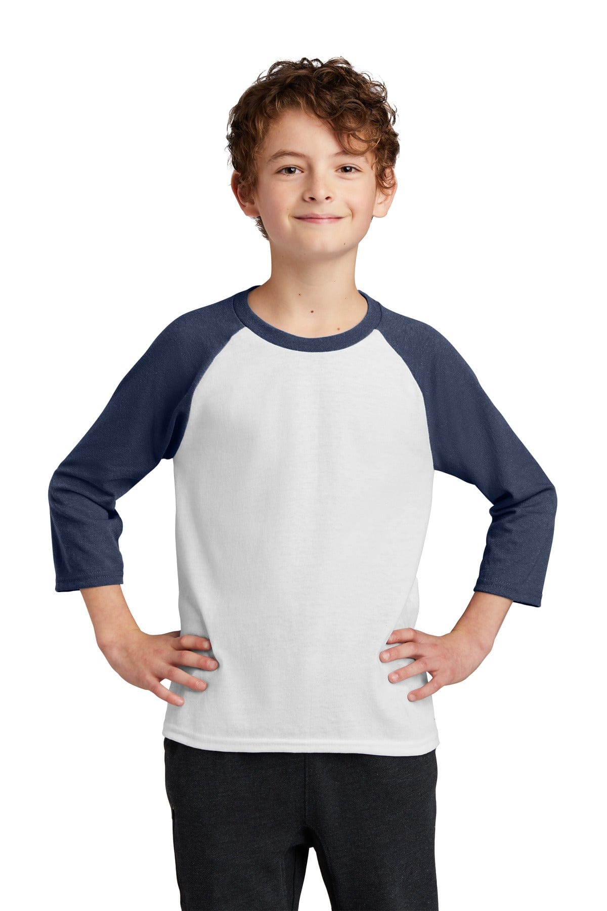 Port & Company T-Shirts XS / White/ Navy Port & Company PC55YRS Youth Core Blend 3/4-Sleeve Raglan Tee.