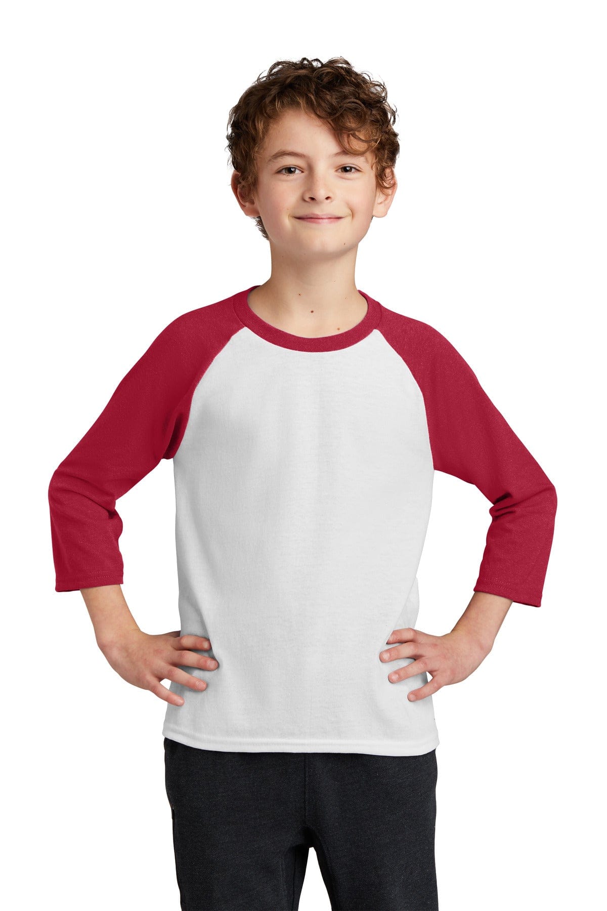 Port & Company T-Shirts XS / White/ Red Port & Company PC55YRS Youth Core Blend 3/4-Sleeve Raglan Tee.