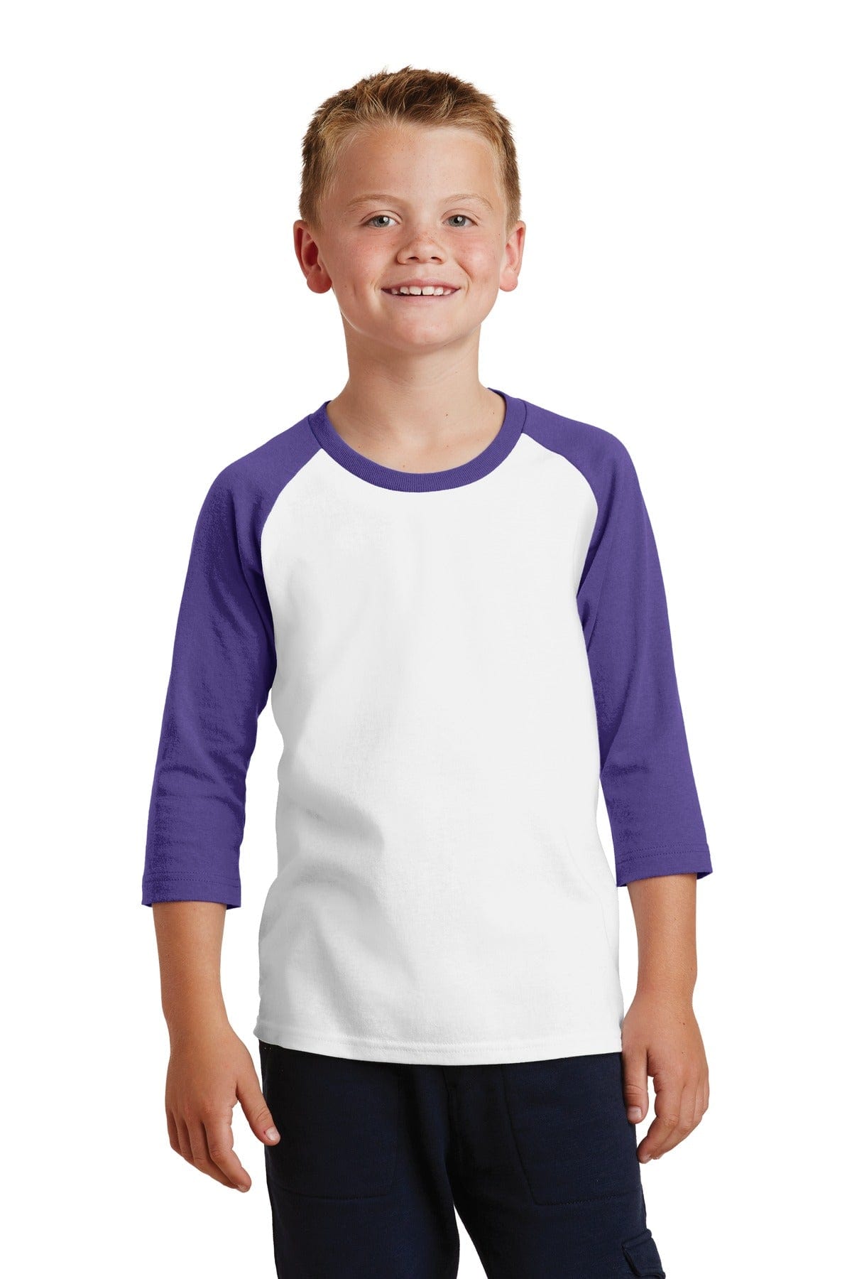 Port T-Shirts XS / White/ Purple Port & Company ®  Youth Core Blend 3/4-Sleeve Raglan Tee. PC55YRS