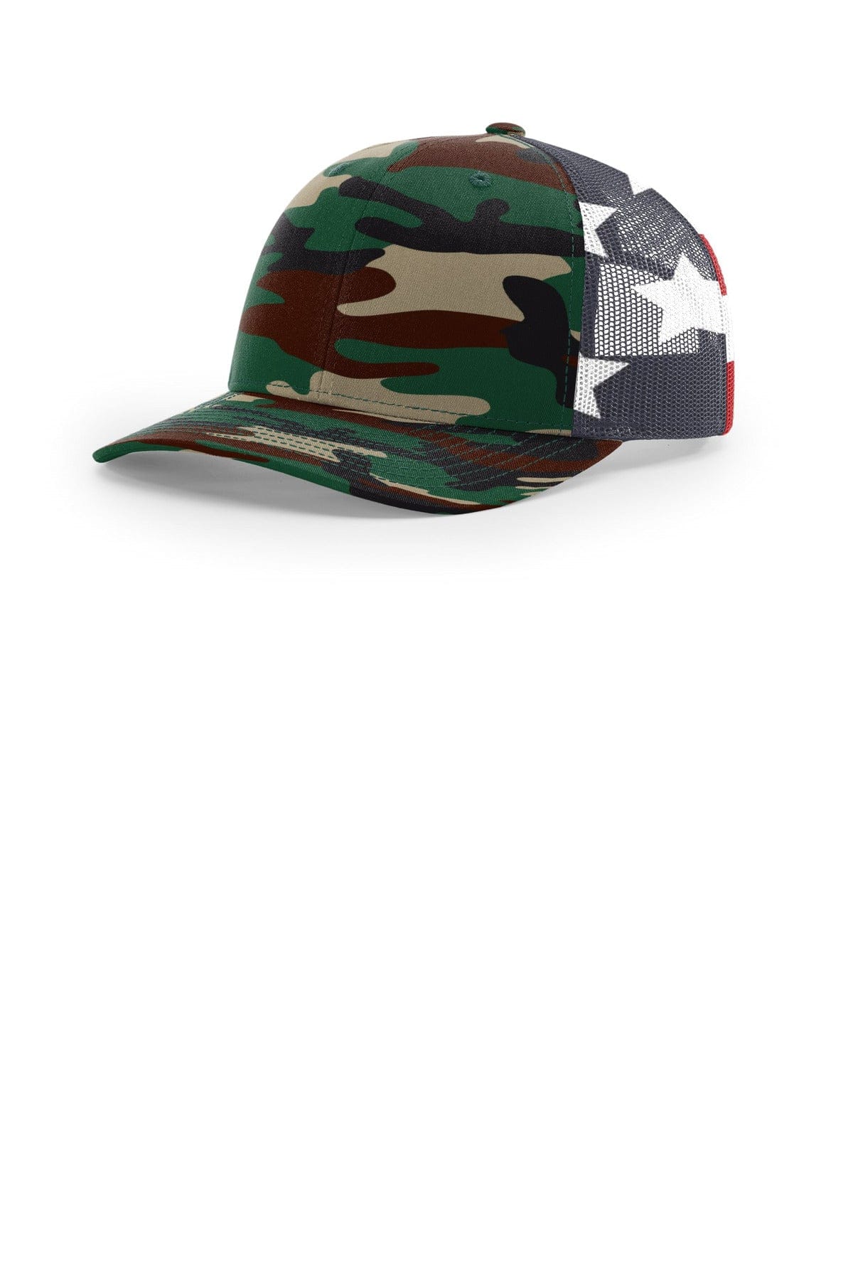 Richardson Printed Mesh Trucker 112PM in Green Camo/ Stars Stripes