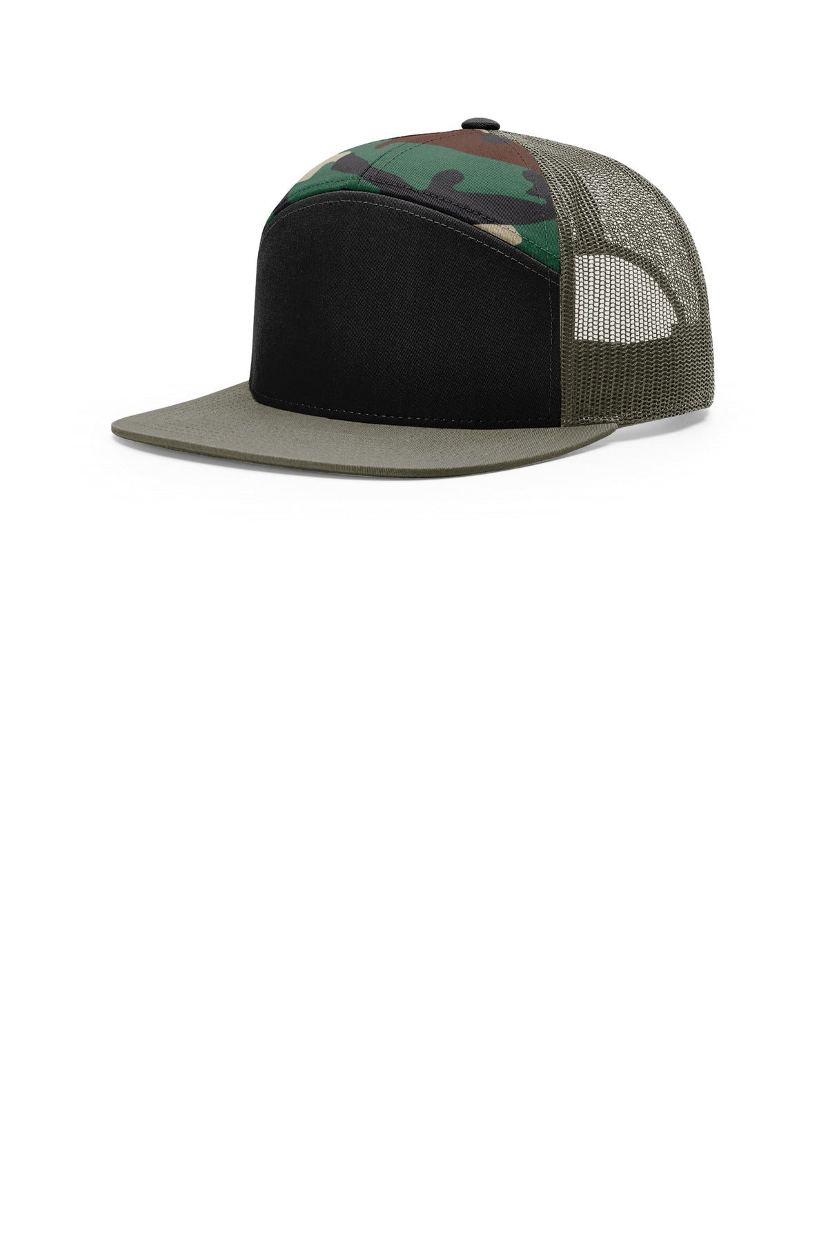 Richardson 7-Panel Trucker 168 in Black/ Green Camo/ Loden