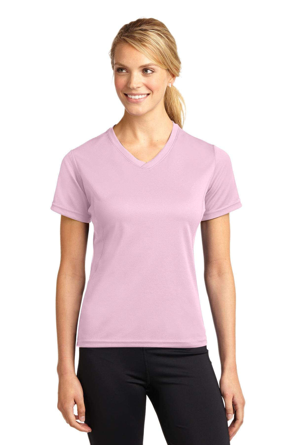 Sport-Tek Activewear L / Pink DISCONTINUED  Sport-Tek ®  Dri-Mesh ®  Ladies V-Neck T-Shirt.  L468V