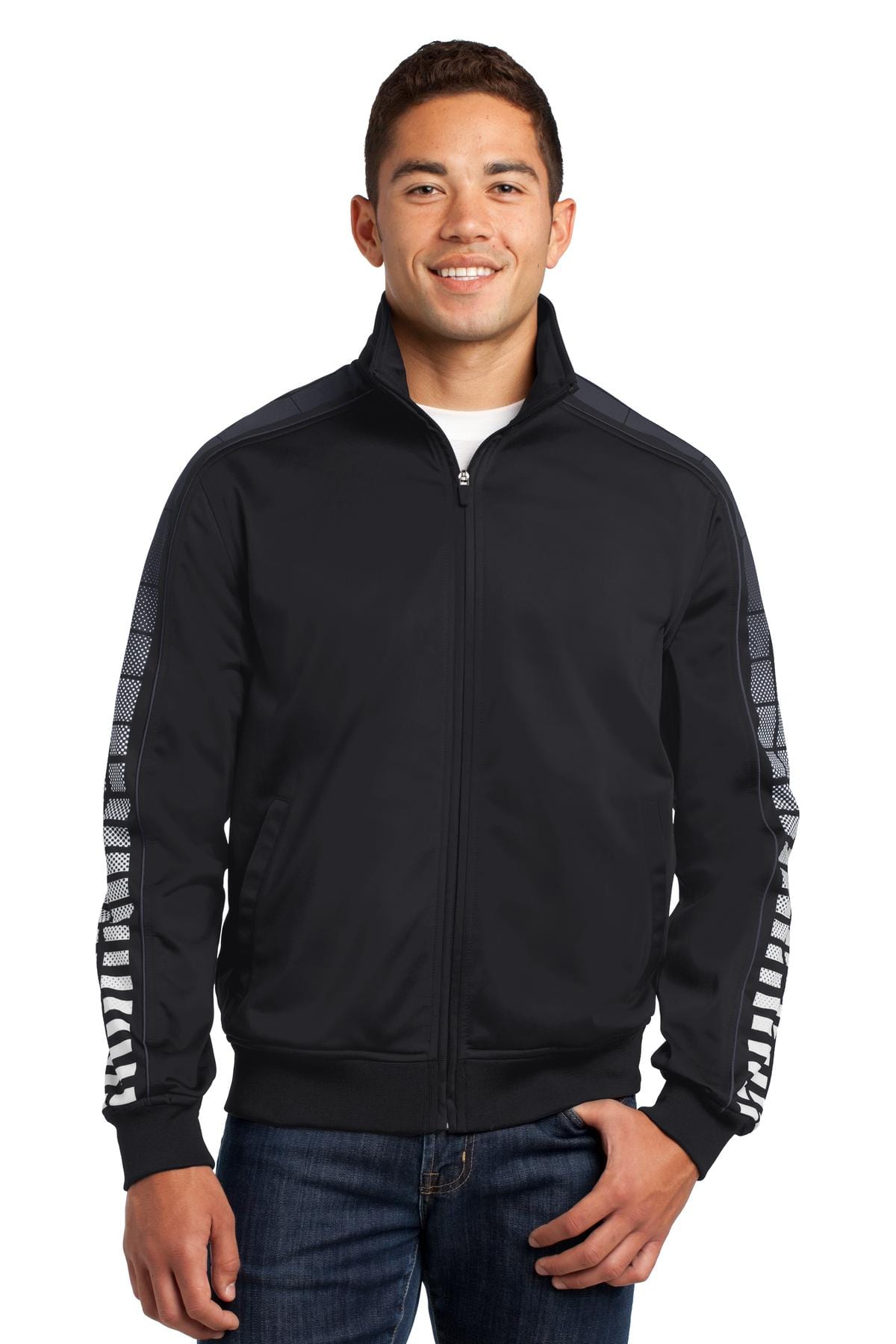 Sport-Tek Activewear S / Black/ Iron Grey DISCONTINUED  Sport-Tek ®  Dot Sublimation Tricot Track Jacket. JST93