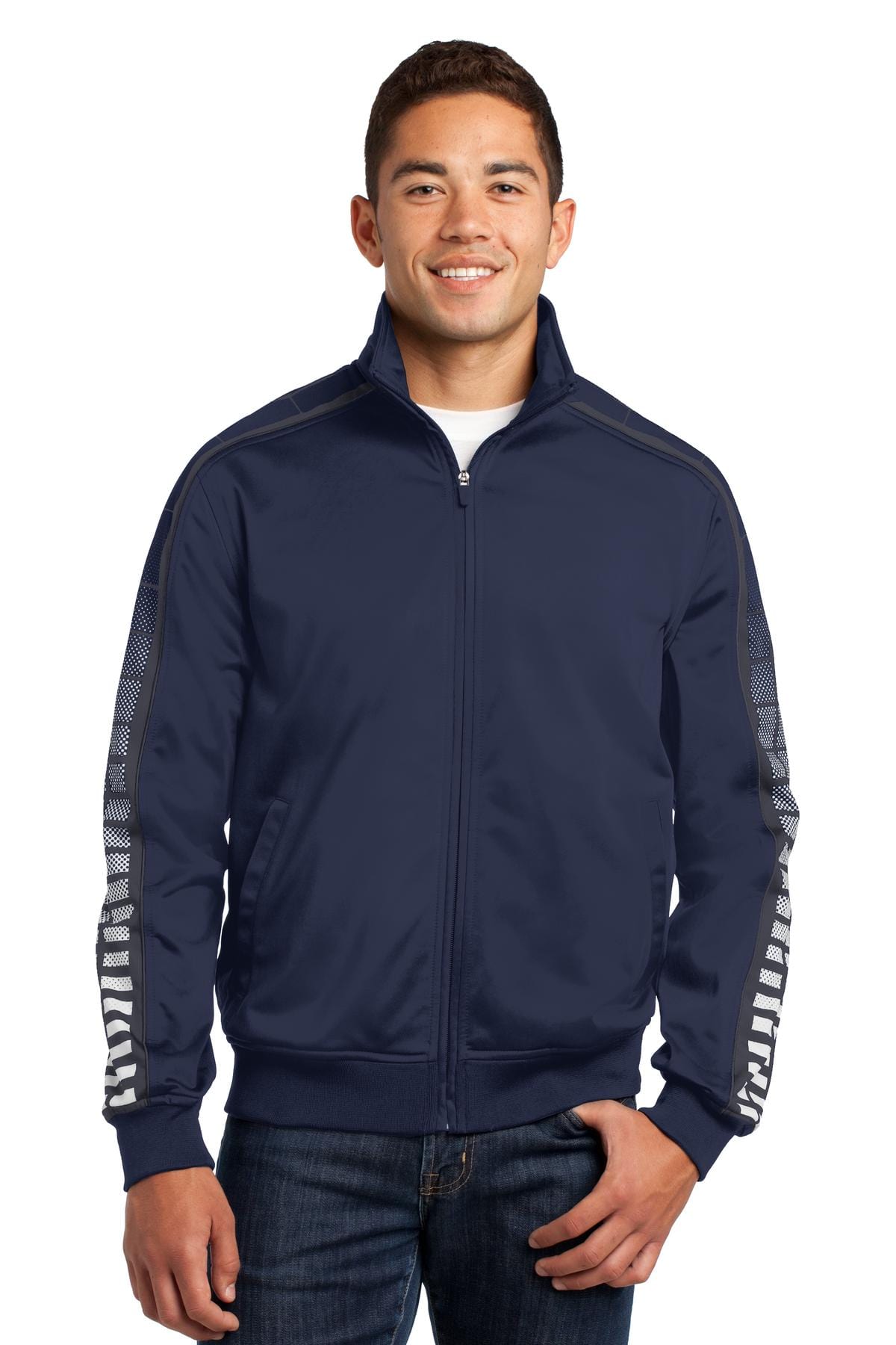 Sport-Tek Activewear S / True Navy/ Iron Grey DISCONTINUED  Sport-Tek ®  Dot Sublimation Tricot Track Jacket. JST93