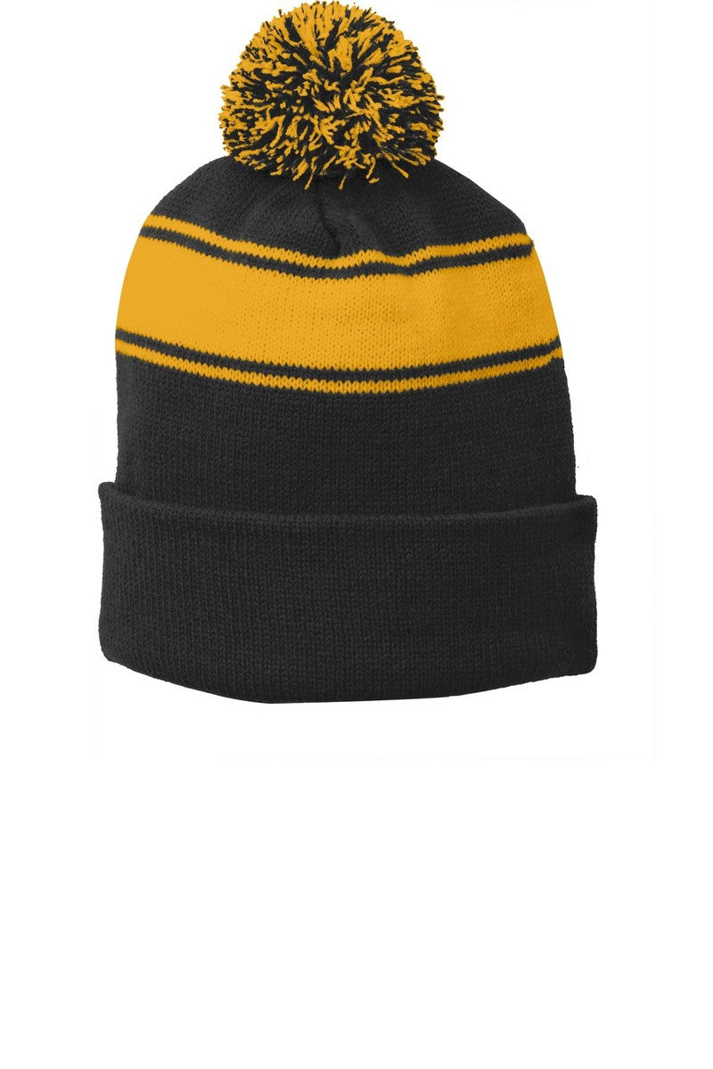 Sport-Tek Headwear OSFA / Black/ Gold Sport-Tek STC28: Stripe Pom Pom Beanie