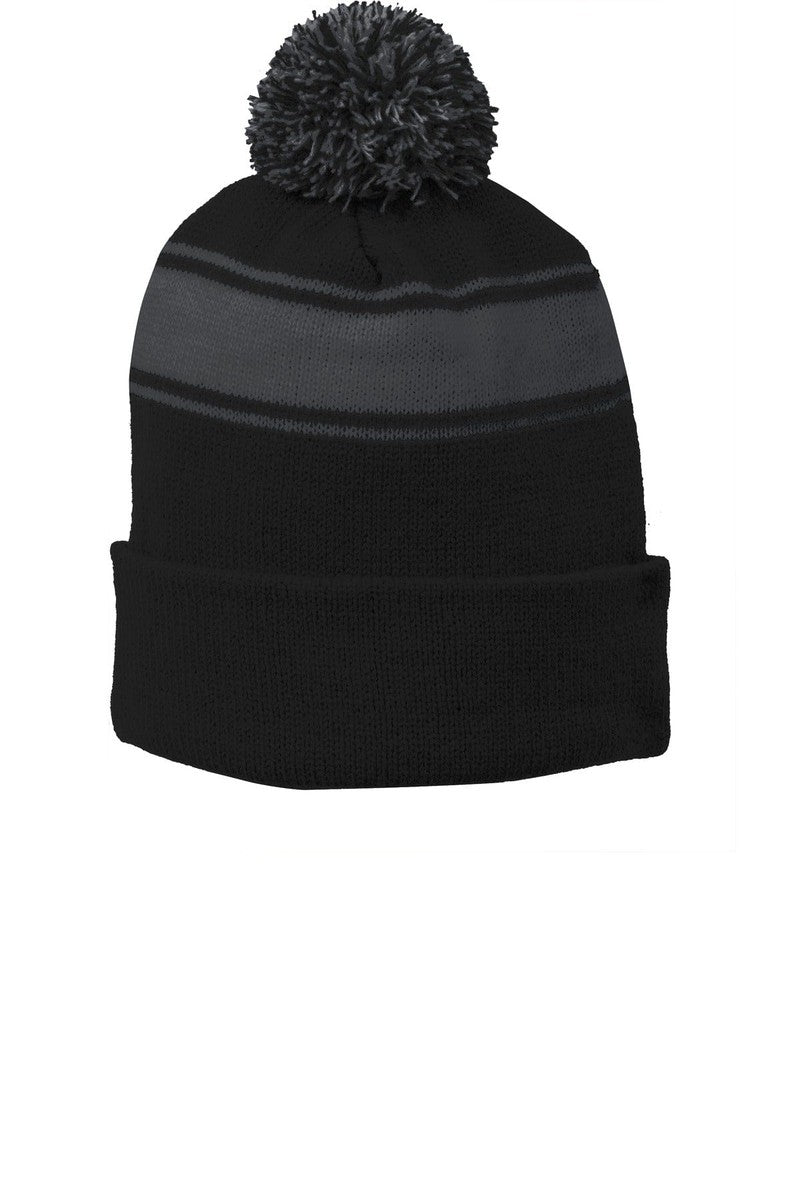 Sport-Tek Headwear OSFA / Black/ Iron Grey Sport-Tek STC28: Stripe Pom Pom Beanie
