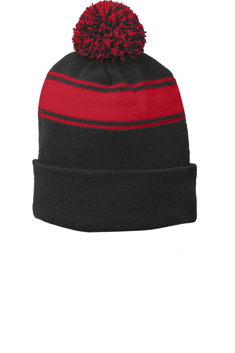 Sport-Tek Headwear OSFA / Black/ True Red Sport-Tek STC28: Stripe Pom Pom Beanie