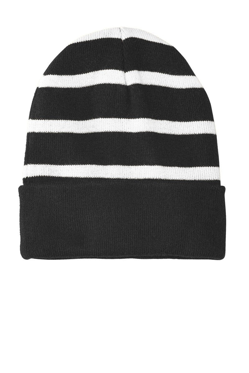 Sport-Tek Headwear OSFA / Black/ White Sport-Tek STC31: Striped Beanie with Solid Band