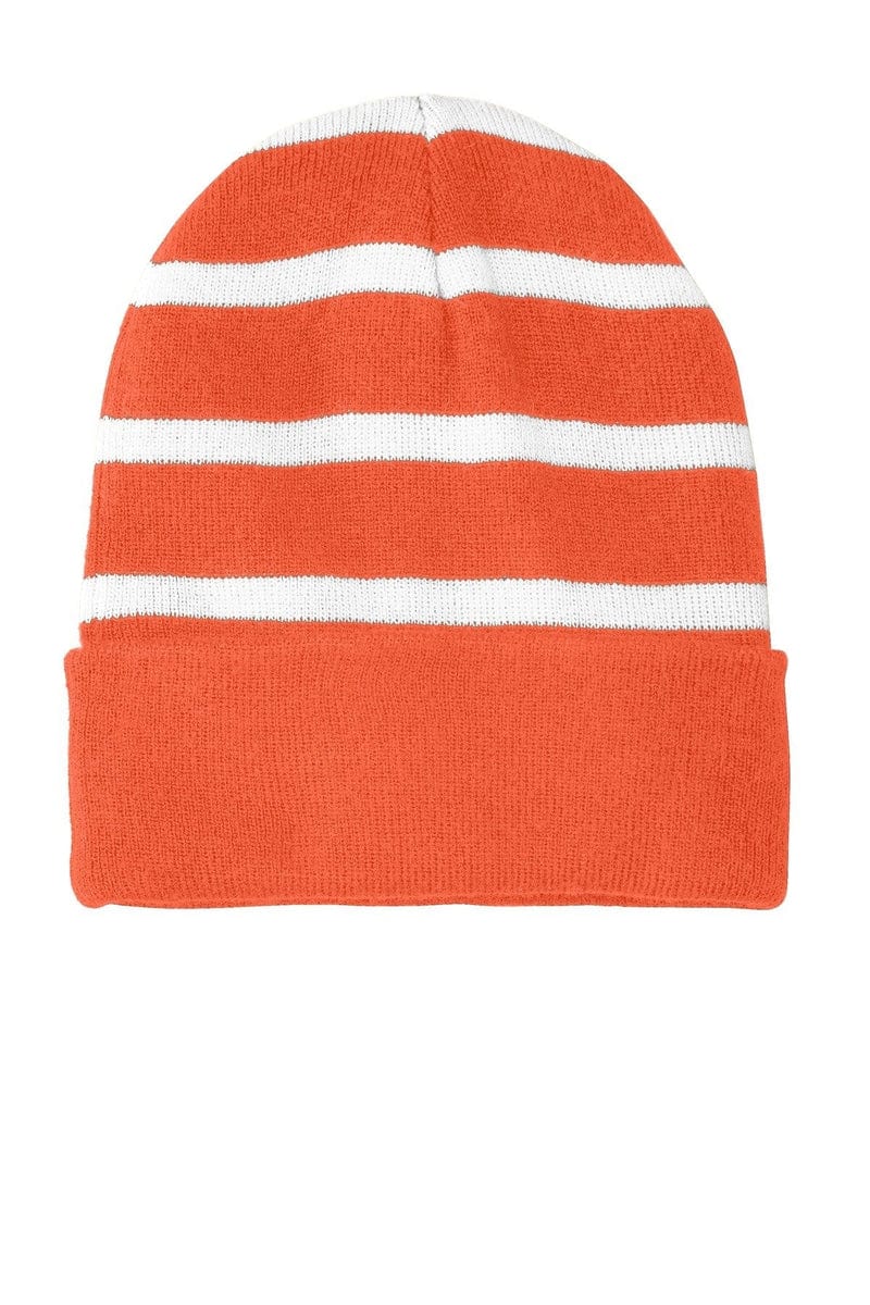 Sport-Tek Headwear OSFA / Deep Orange/ White Sport-Tek STC31: Striped Beanie with Solid Band