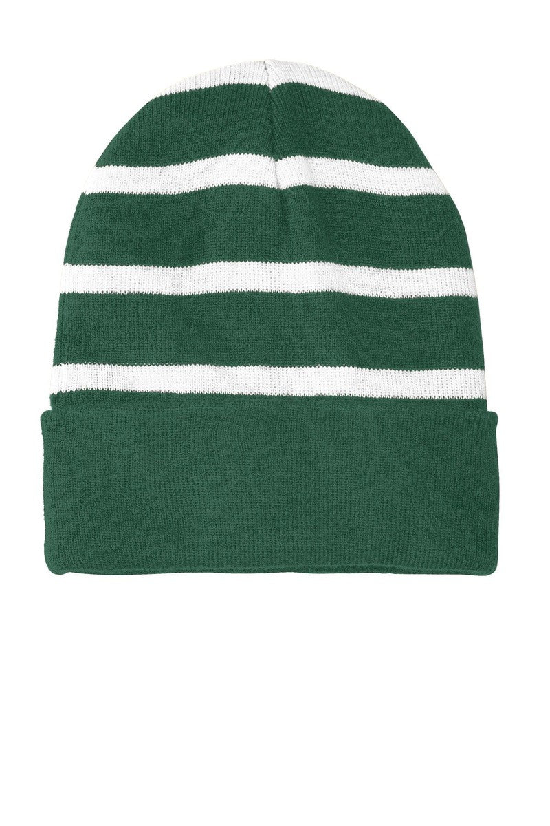 Sport-Tek Headwear OSFA / Forest Green/ White Sport-Tek STC31: Striped Beanie with Solid Band