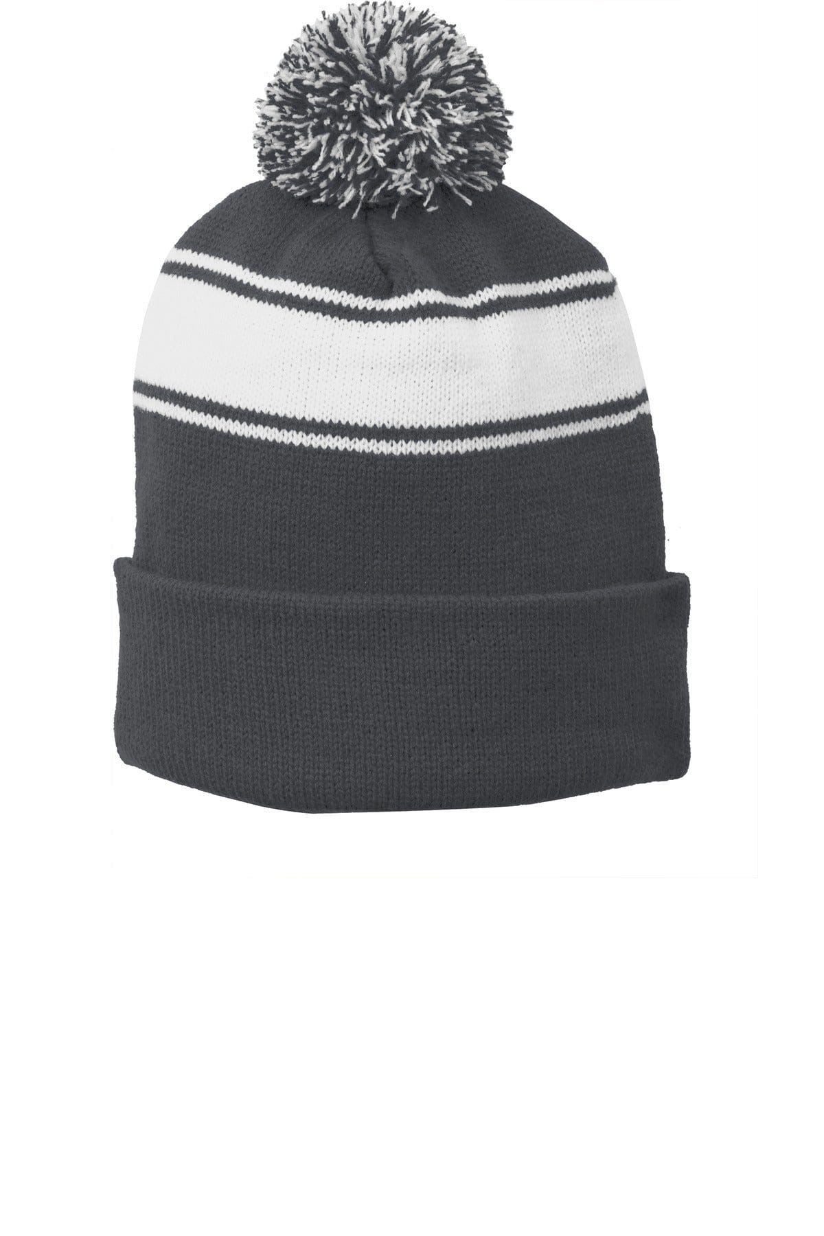 Sport-Tek Headwear OSFA / Iron Grey/ White Sport-Tek STC28 Stripe Pom Pom Beanie