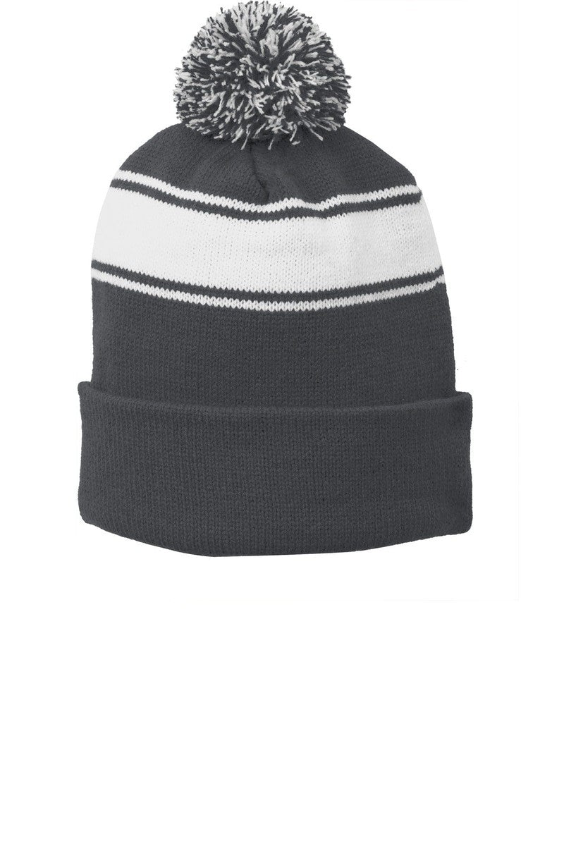 Sport-Tek Headwear OSFA / Iron Grey/ White Sport-Tek STC28: Stripe Pom Pom Beanie
