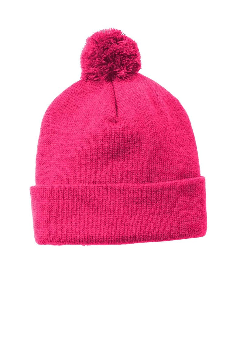 Sport-Tek Headwear OSFA / Pink Raspberry Sport-Tek STC37: Solid Pom Pom Beanie