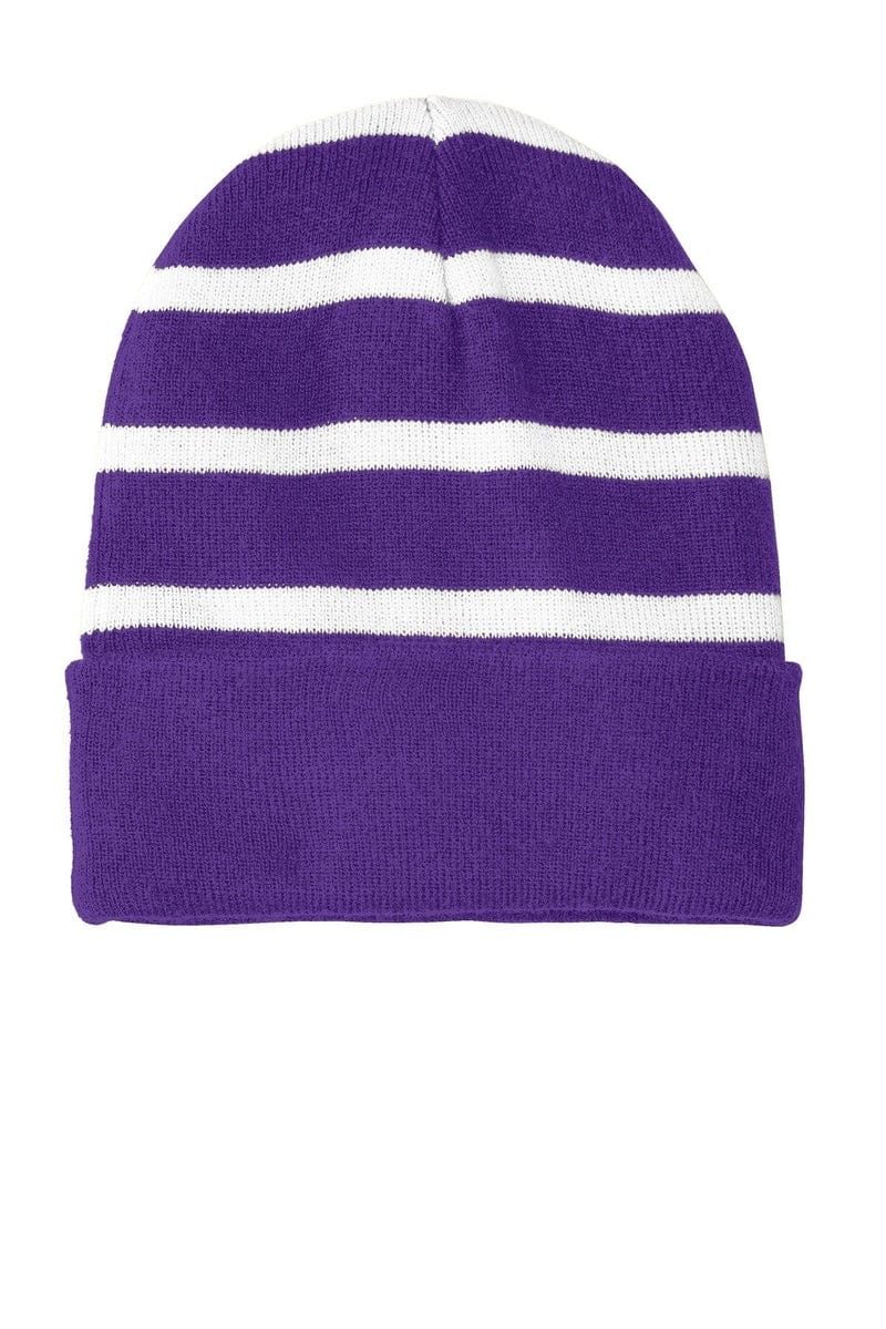 Sport-Tek Headwear OSFA / Purple/ White Sport-Tek STC31: Striped Beanie with Solid Band