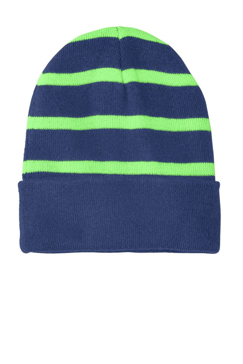 Sport-Tek Headwear OSFA / Team Navy/ Flash Green Sport-Tek STC31: Striped Beanie with Solid Band