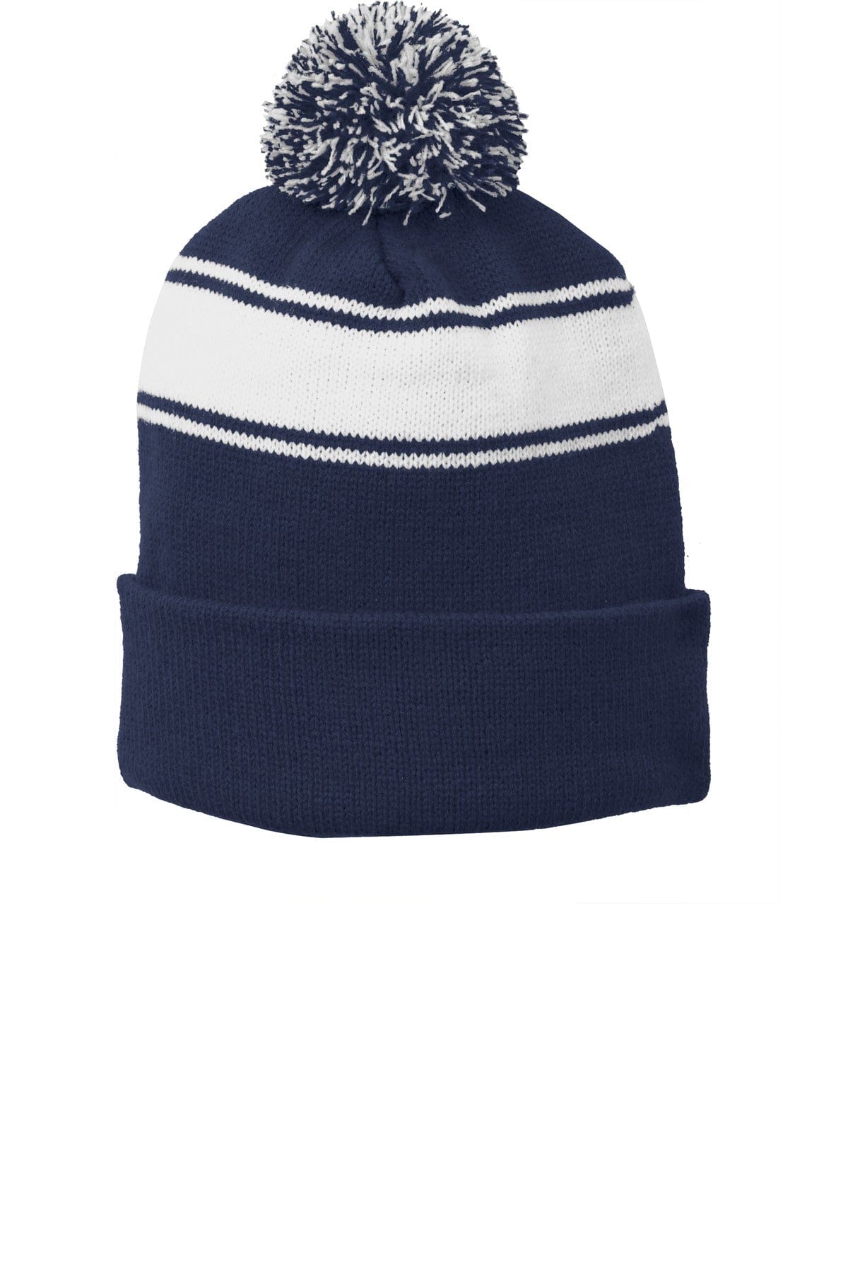Sport-Tek Headwear OSFA / True Navy/ White Sport-Tek STC28 Stripe Pom Pom Beanie
