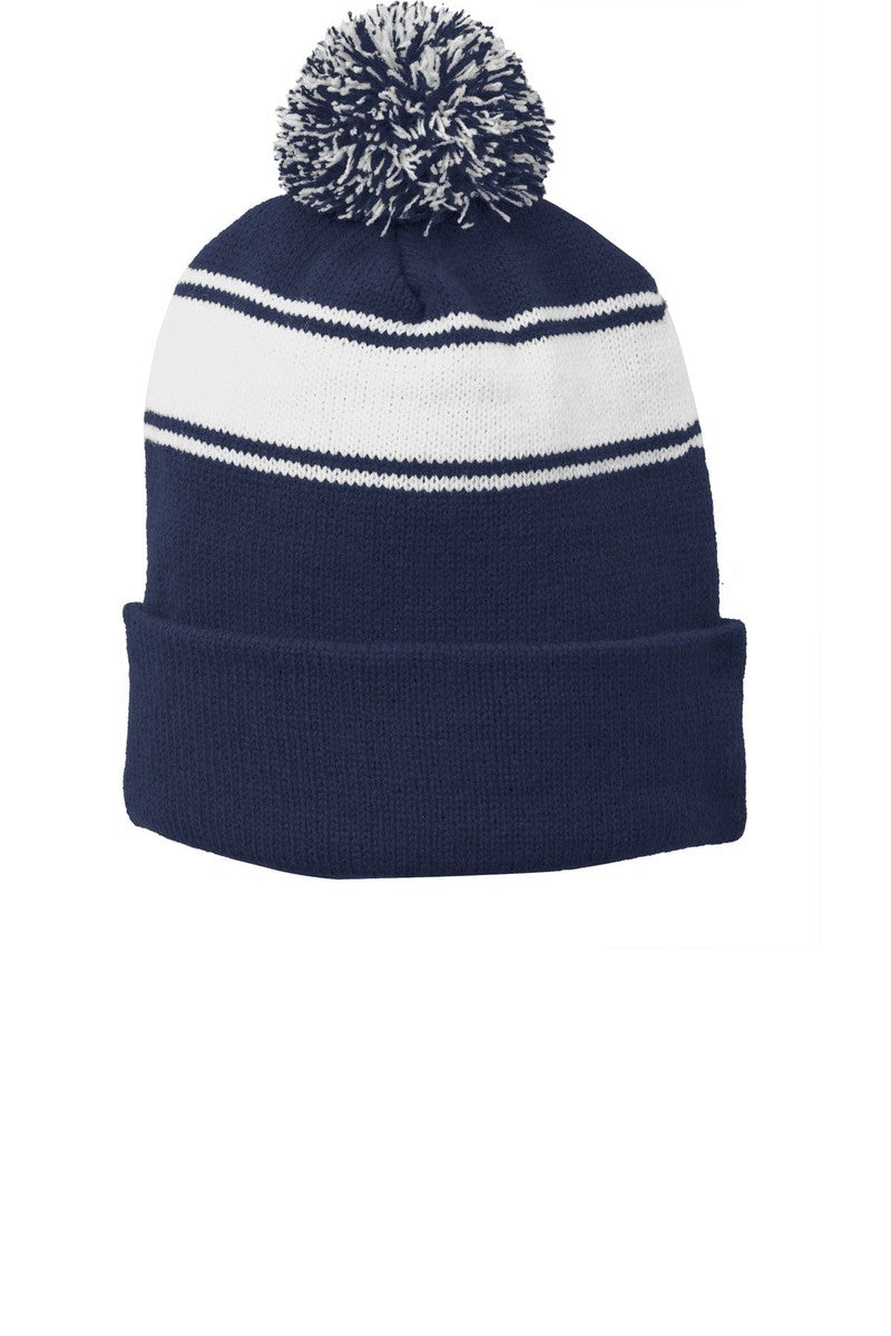 Sport-Tek Headwear OSFA / True Navy/ White Sport-Tek STC28: Stripe Pom Pom Beanie