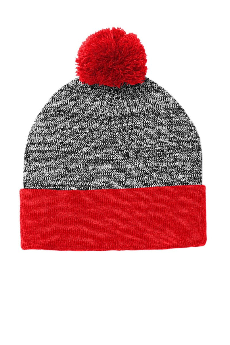 Sport-Tek Headwear OSFA / True Red/ Grey Heather Sport-Tek STC41: Heather Pom Pom Beanie